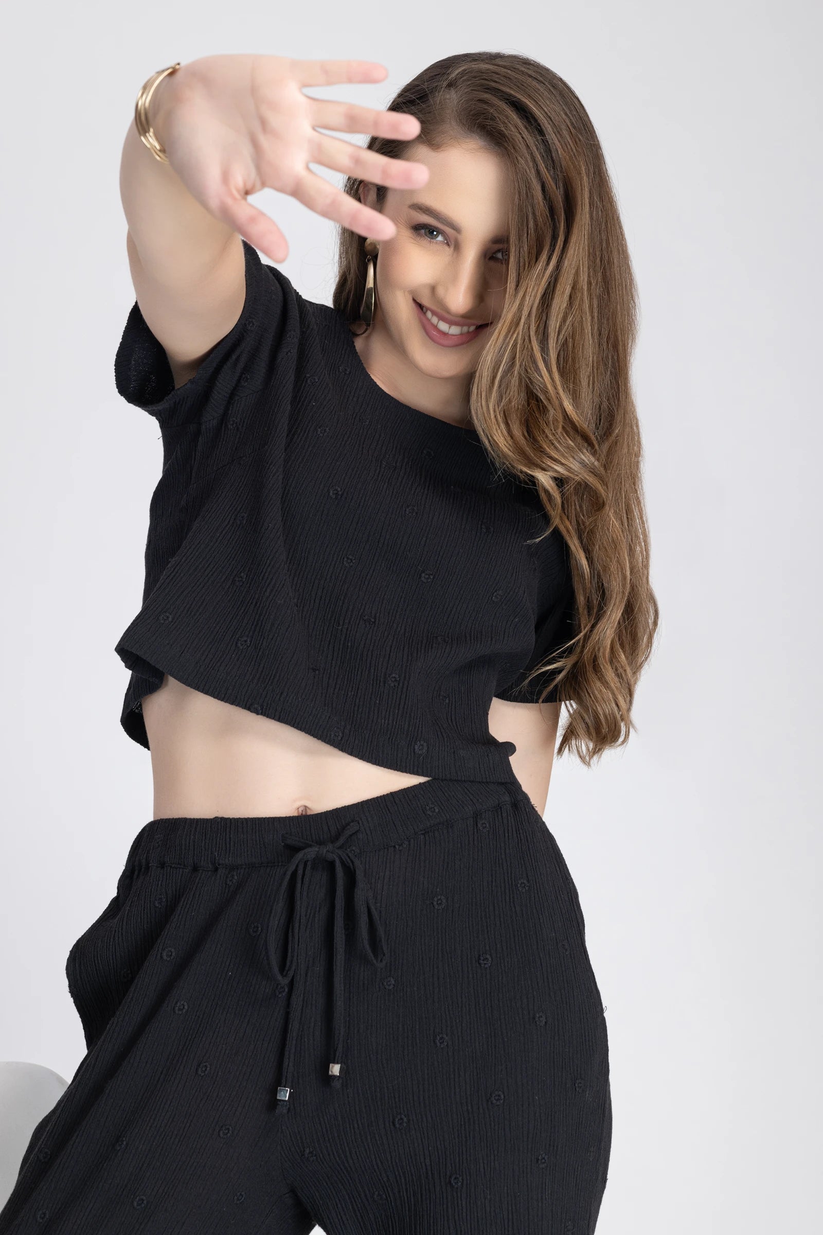 Crinkle Crepe Crop Top+Pants (Black)