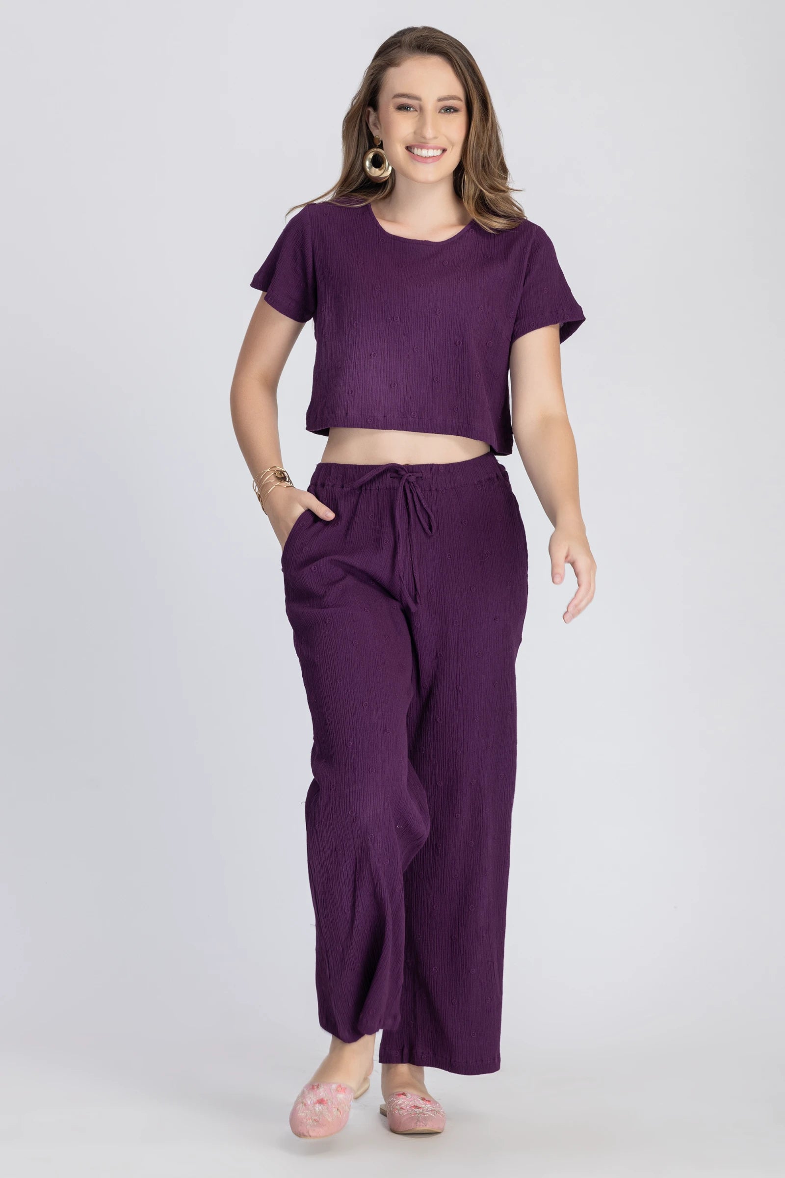 Crinkle Crepe Crop Top+Pants (Purple)