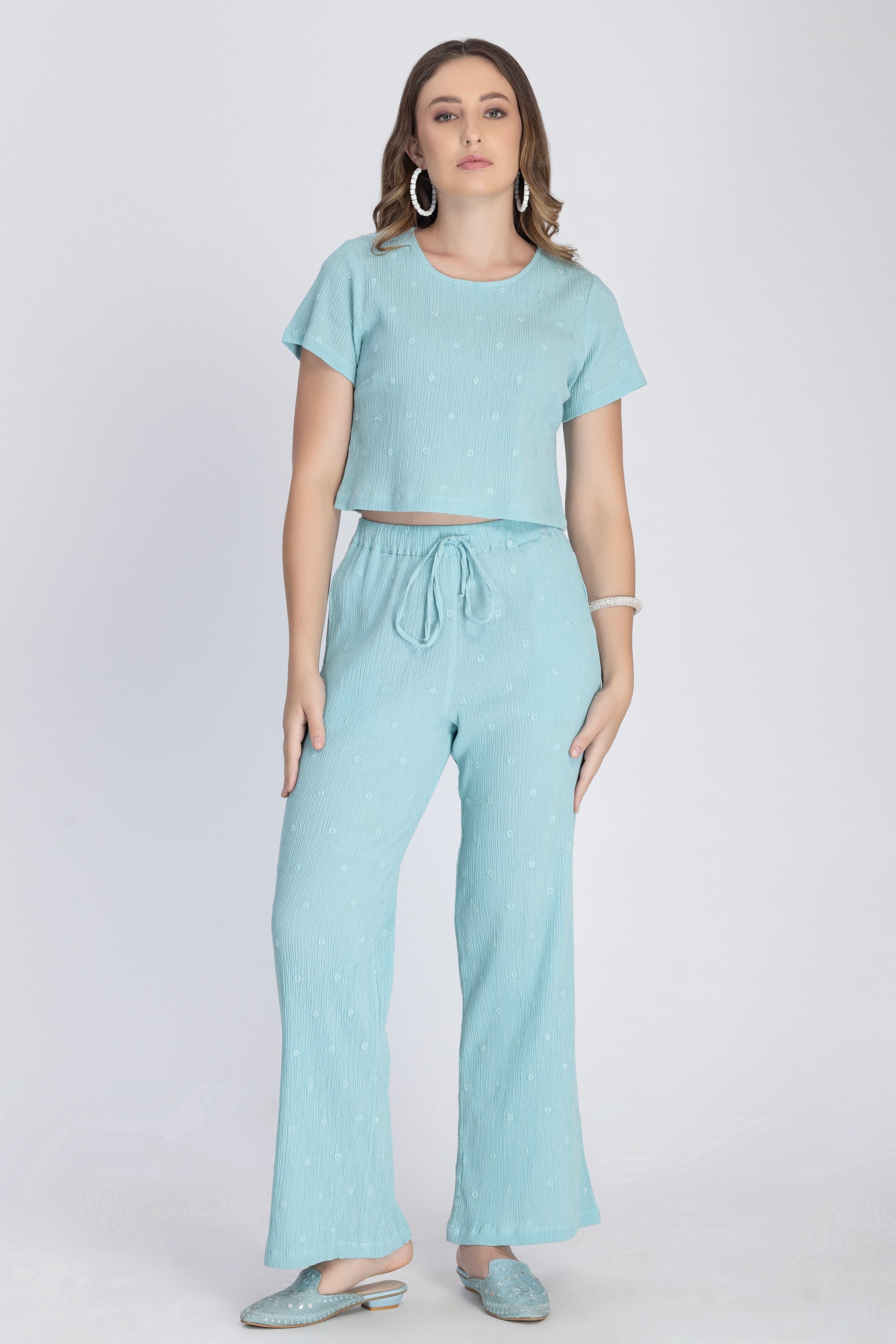 Crinkle Crepe Crop Top+Pants (Green)