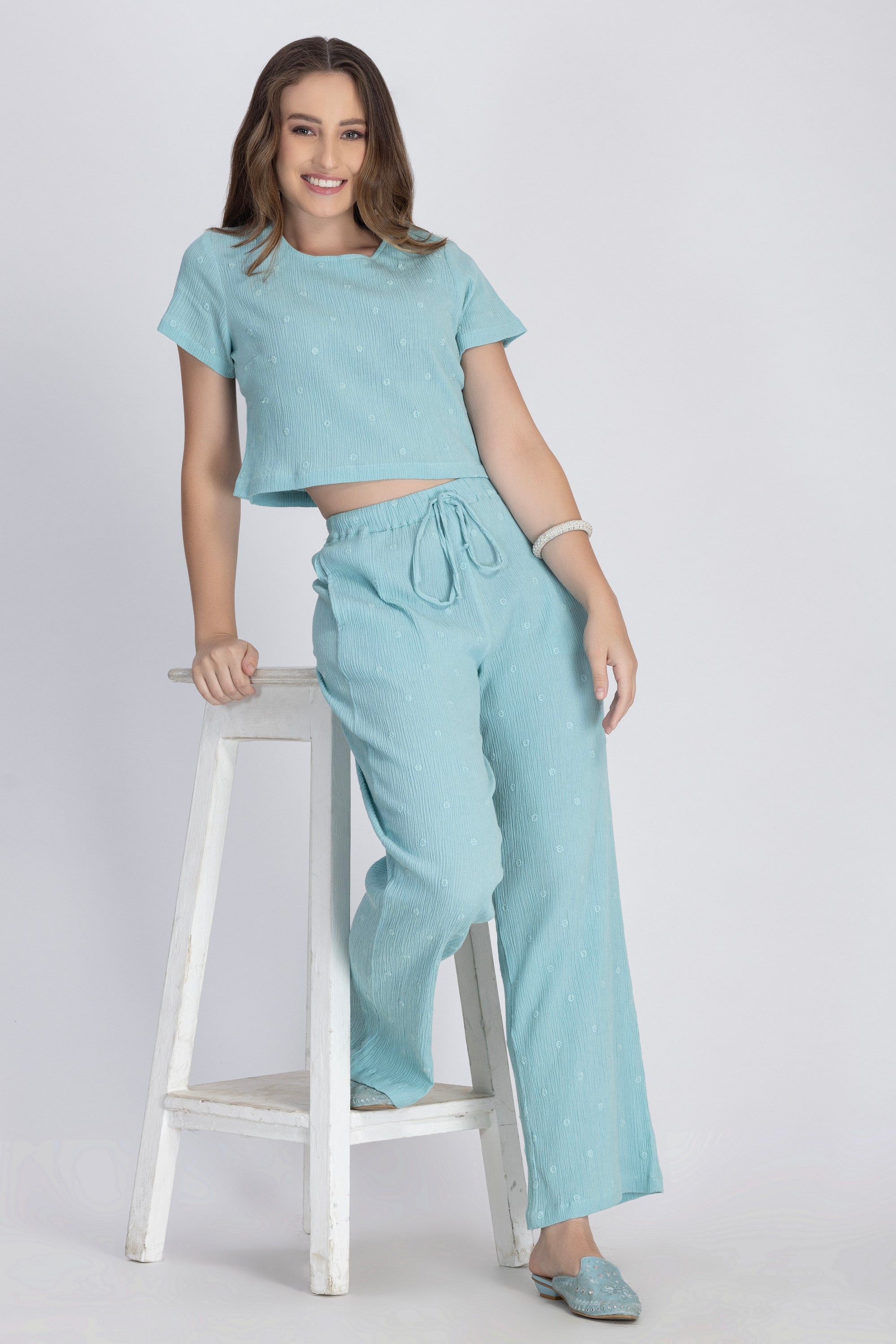 Crinkle Crepe Crop Top+Pants (Green)