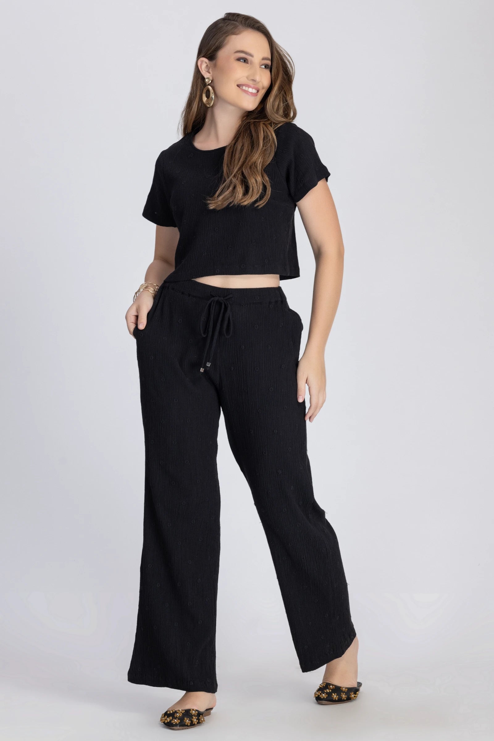 Crinkle Crepe Crop Top+Pants (Black)