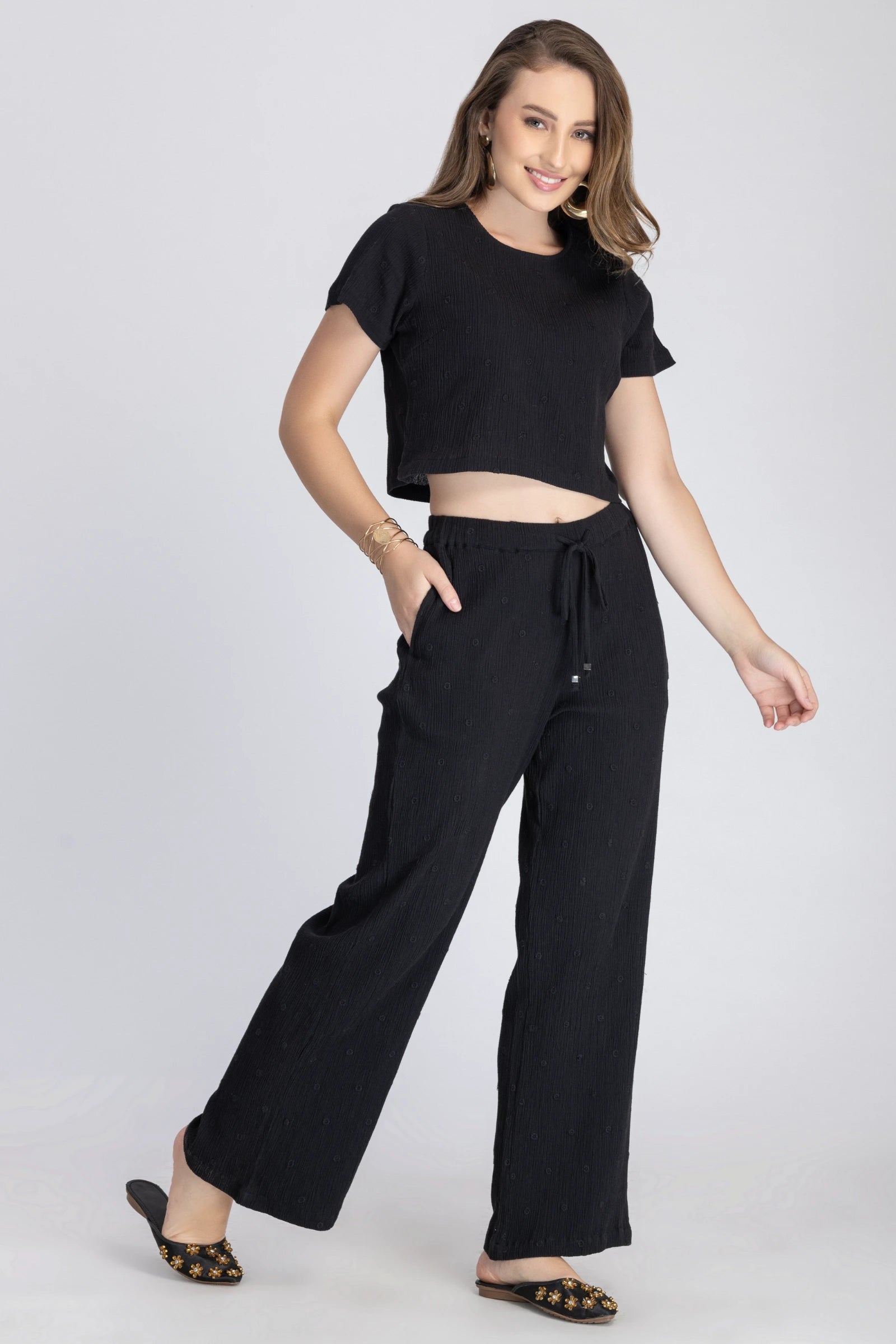 Crinkle Crepe Crop Top+Pants (Black)