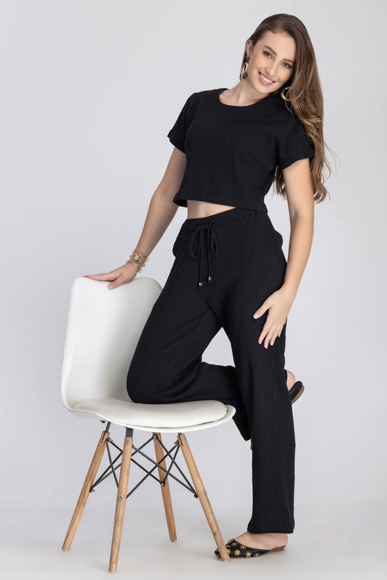 Crinkle Crepe Crop Top+Pants (Black)