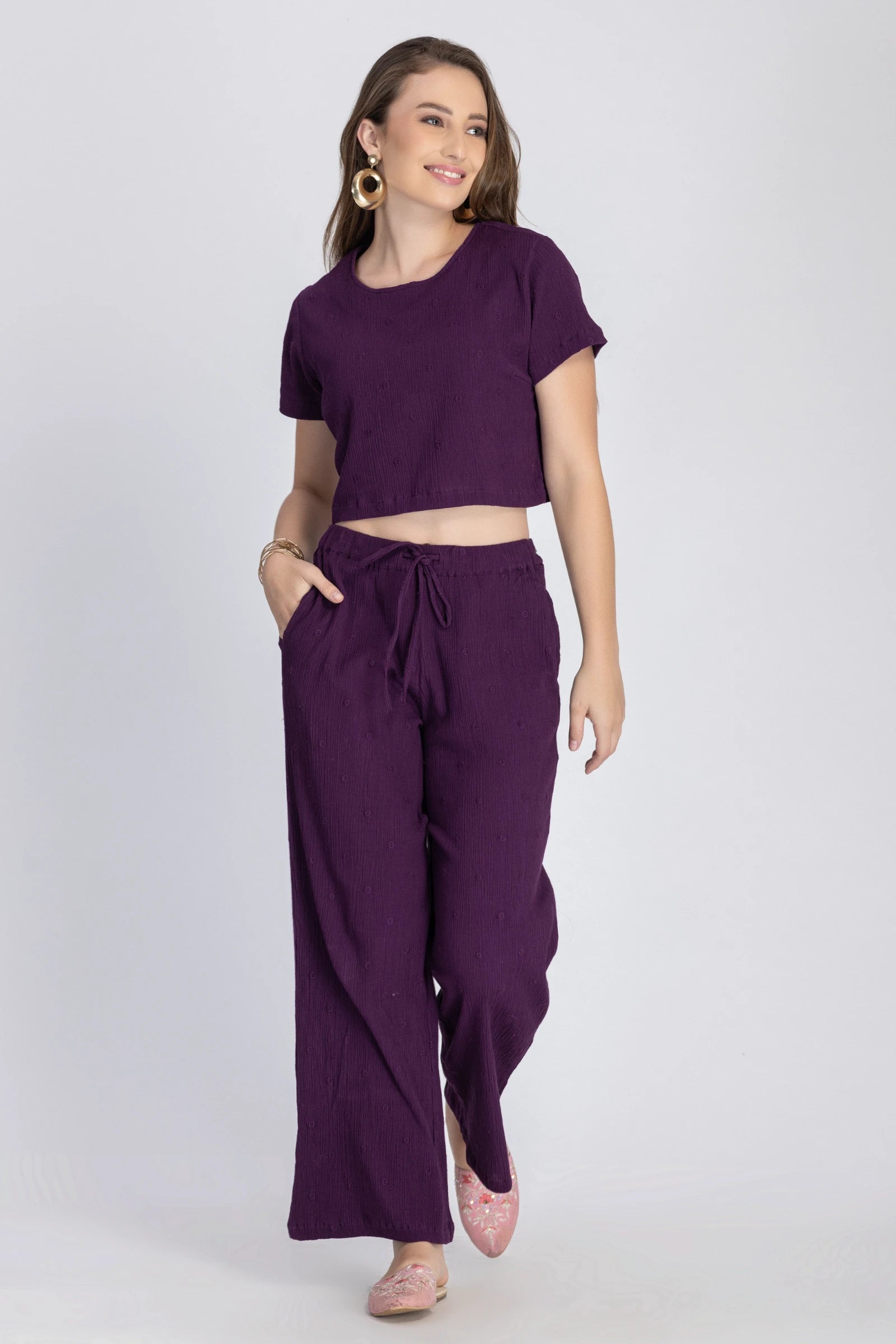 Crinkle Crepe Crop Top+Pants (Purple)