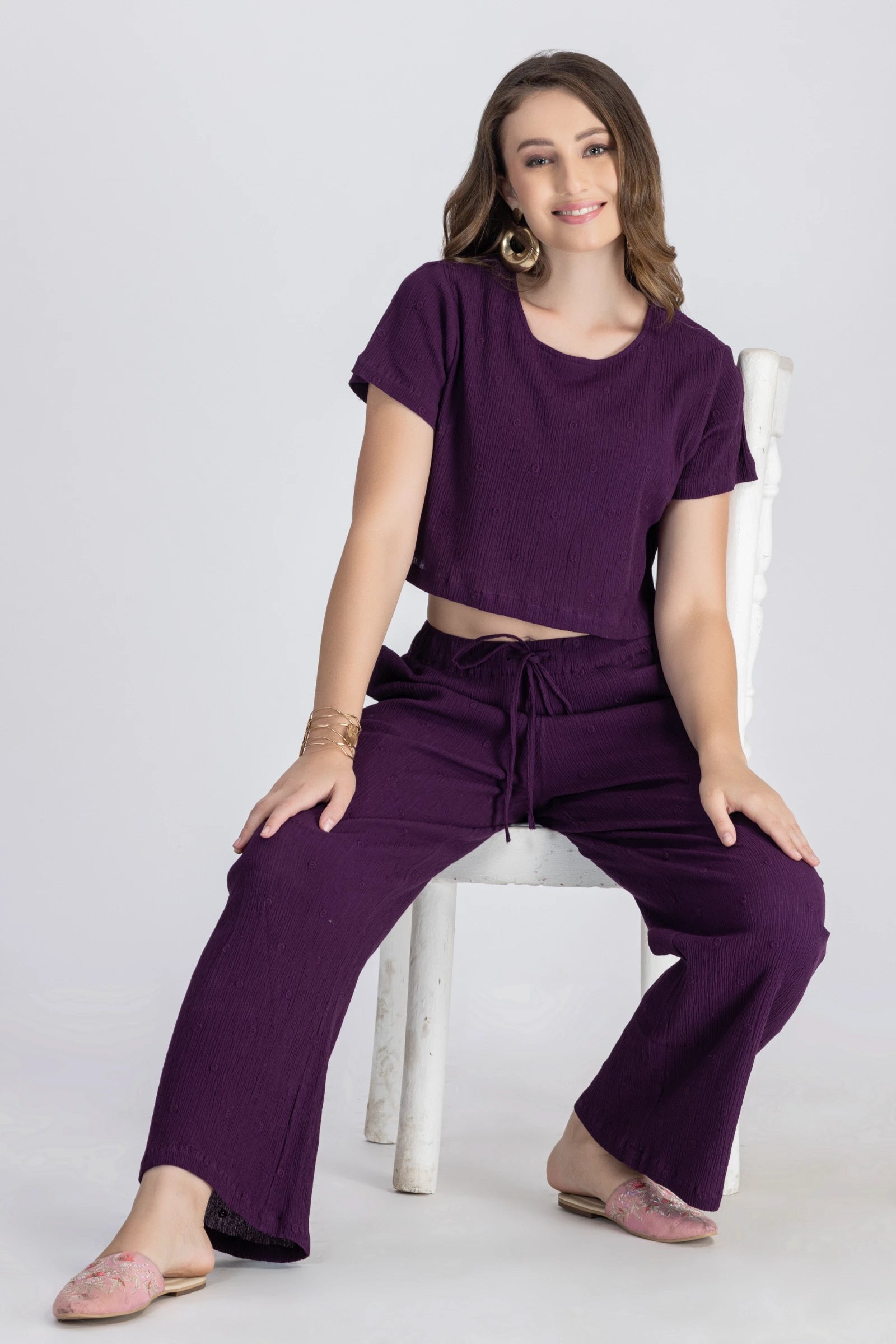 Crinkle Crepe Crop Top+Pants (Purple)