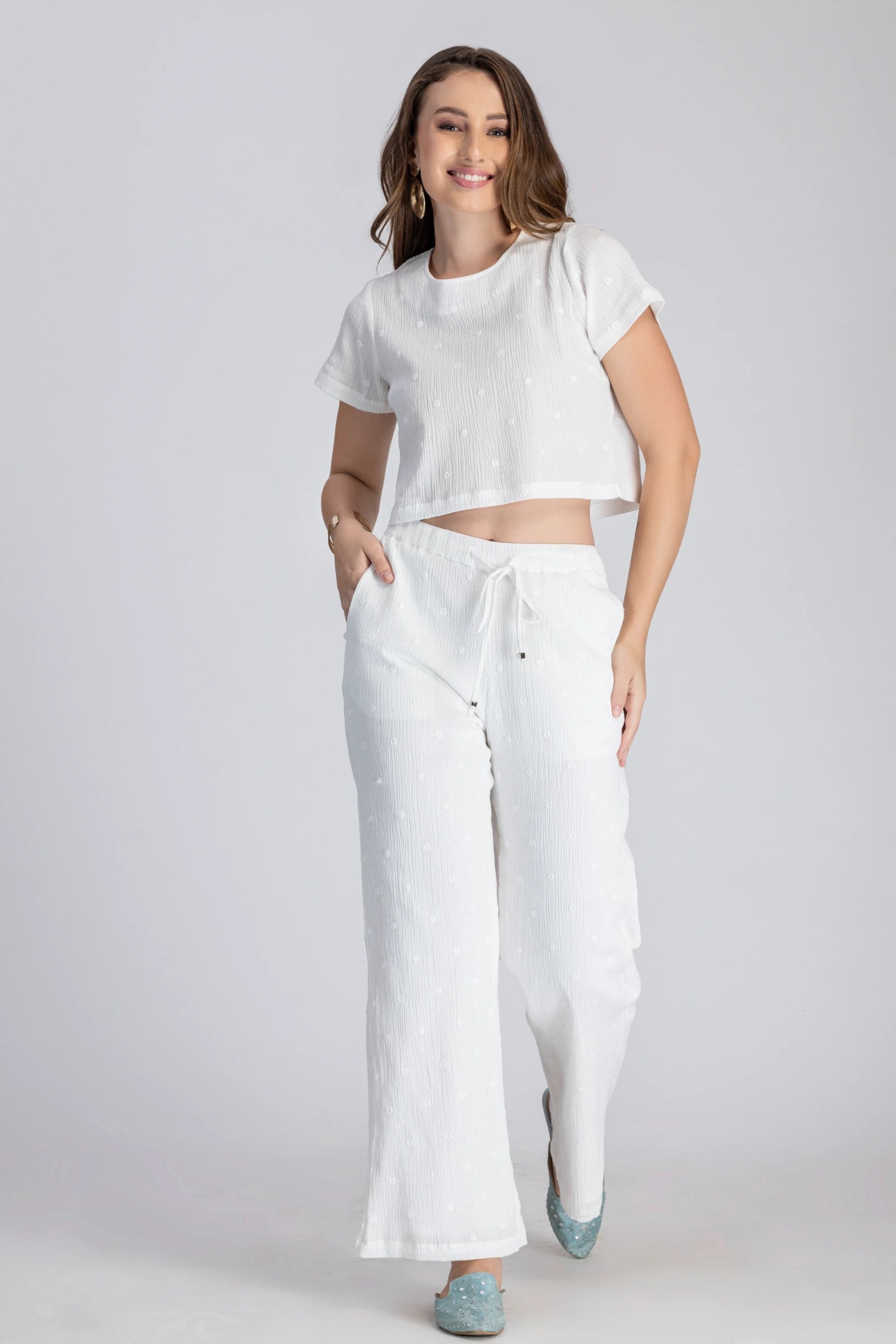 Crinkle Crepe Crop Top+Pants (White)