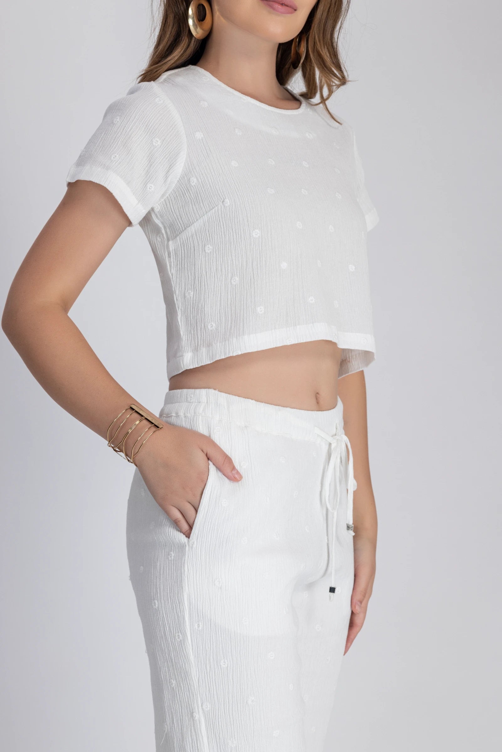 Crinkle Crepe Crop Top+Pants (White)