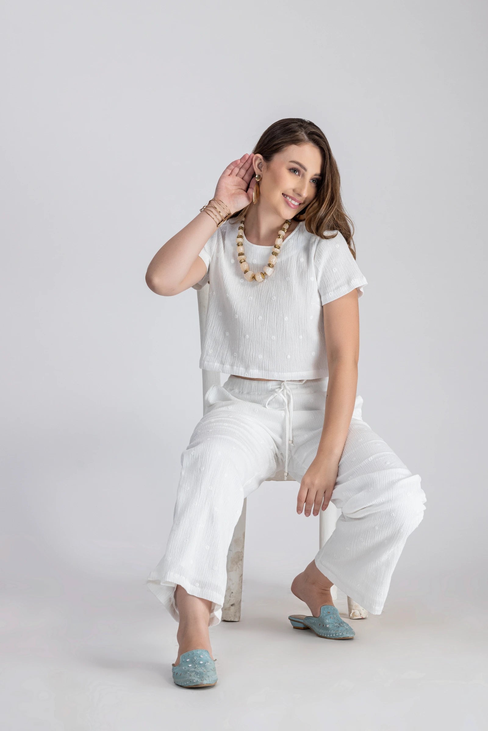 Crinkle Crepe Crop Top+Pants (White)