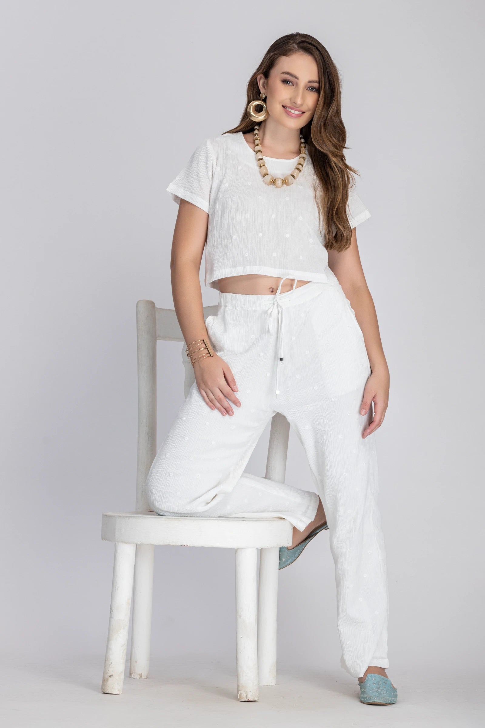 Crinkle Crepe Crop Top+Pants (White)