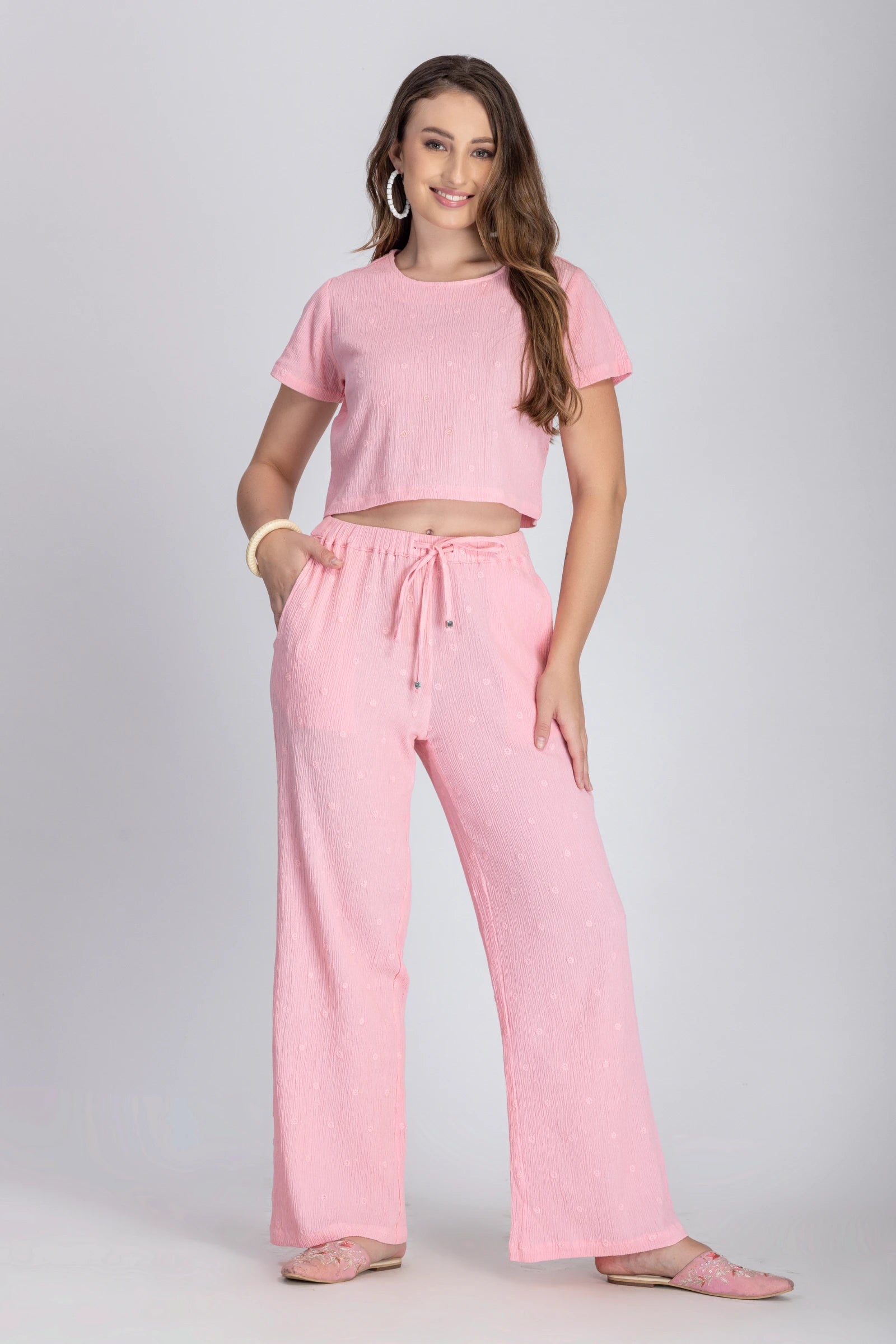 Crinkle Crepe Crop Top+Pants (Baby Pink)