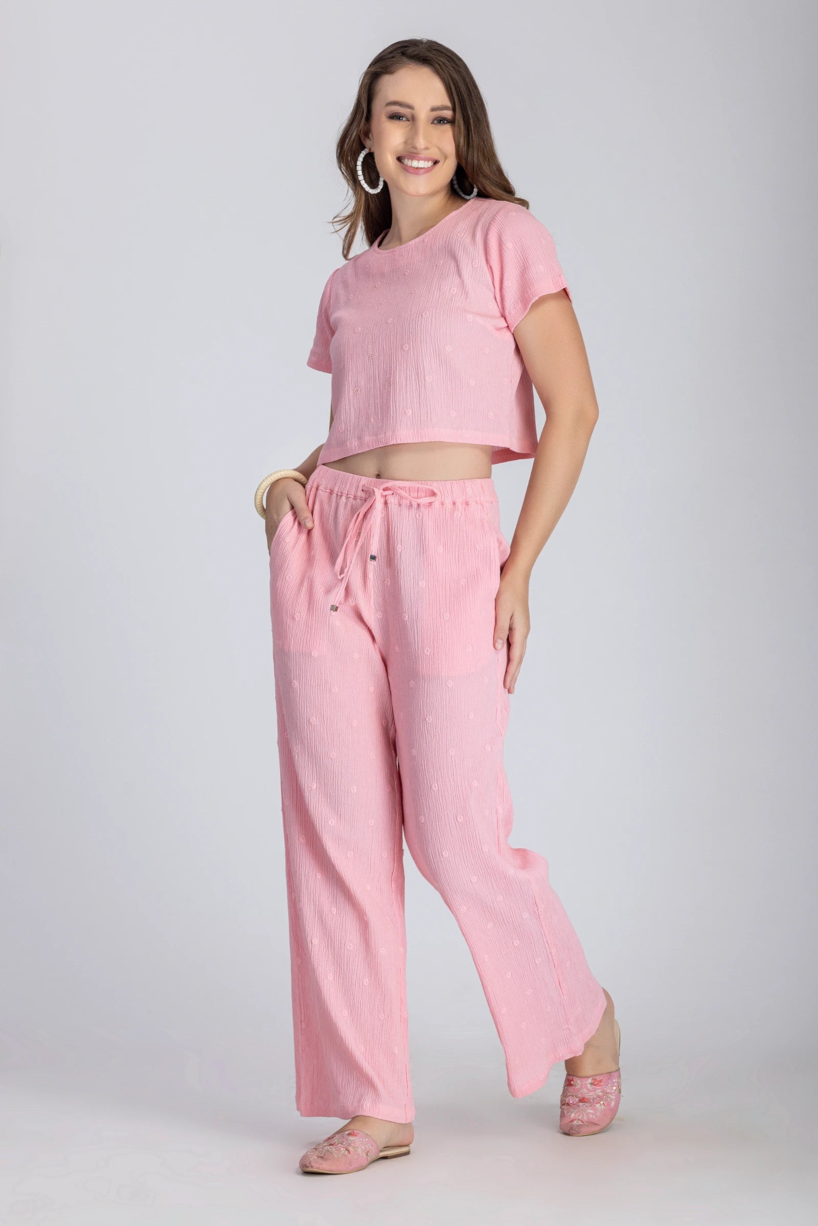 Crinkle Crepe Crop Top+Pants Baby Pink