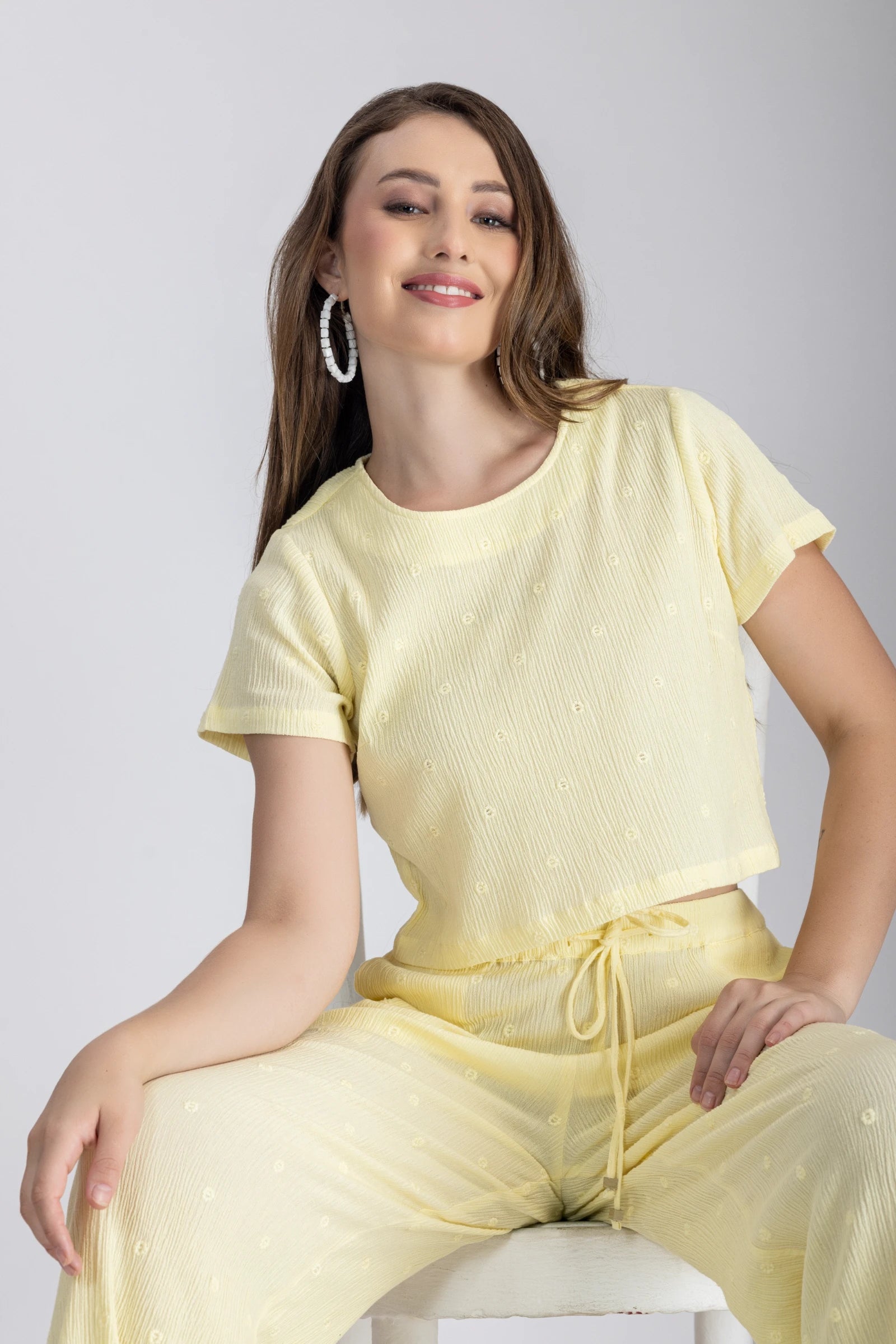Crinkle Crepe Crop Top+Pants (Lemon Yellow)