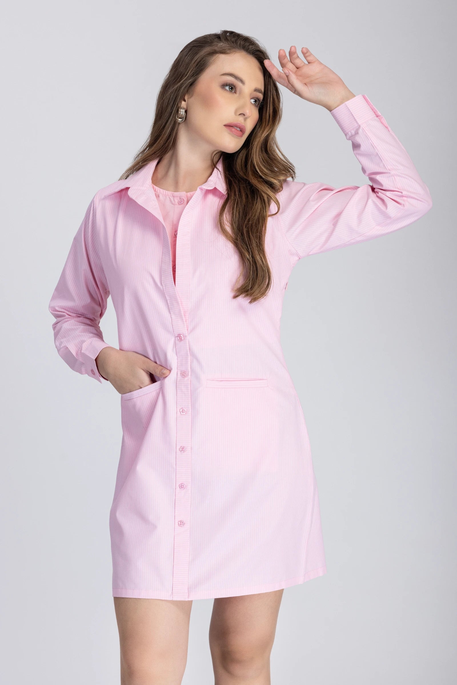 Double Placket Shirt Dress (Baby Pink)