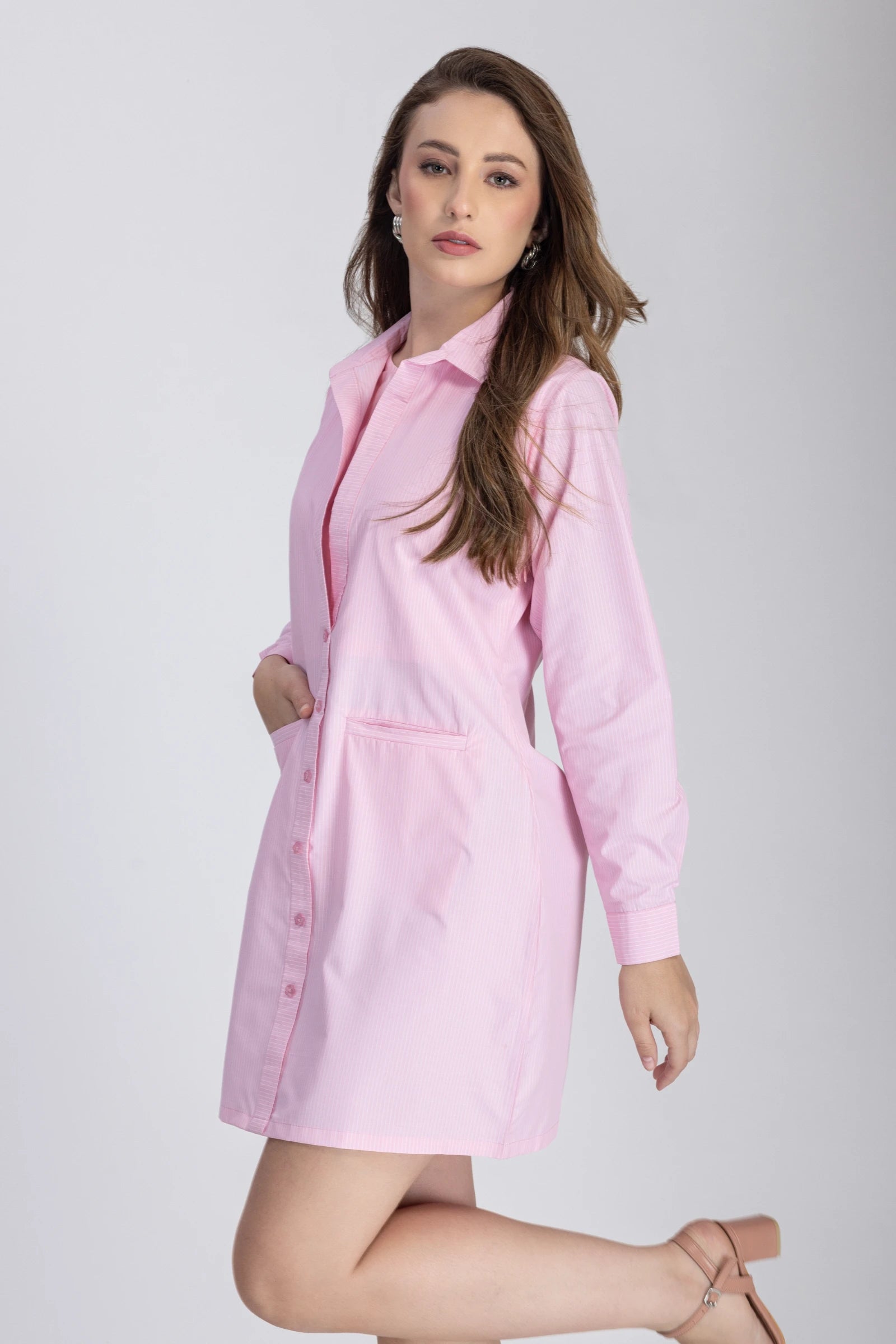 Double Placket Shirt Dress (Baby Pink)