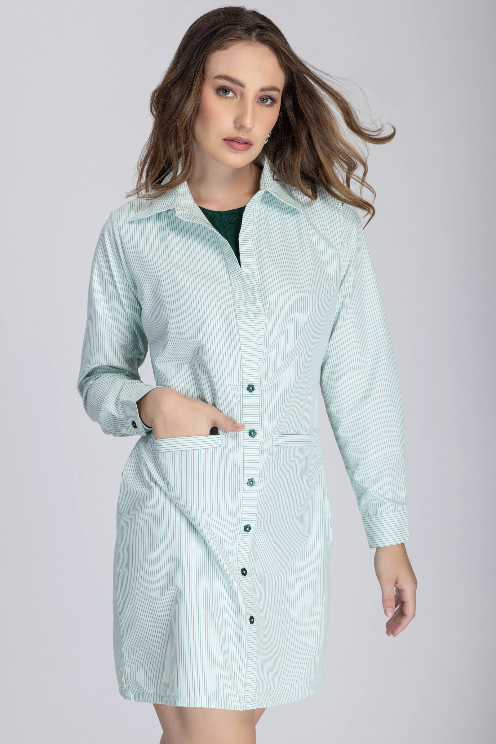 Double Placket Shirt Dress-Green