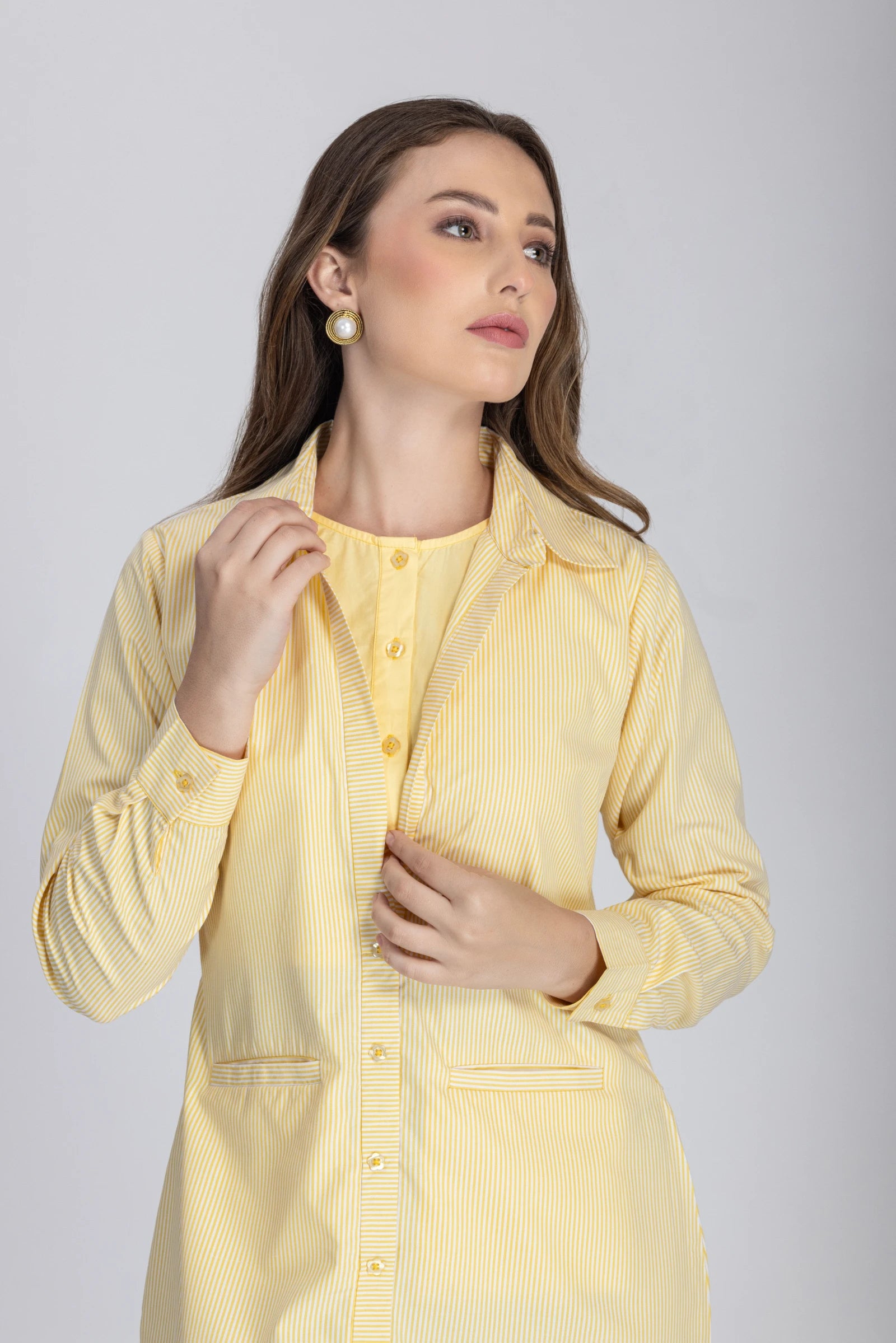 Double Placket Shirt Dress-Yellow