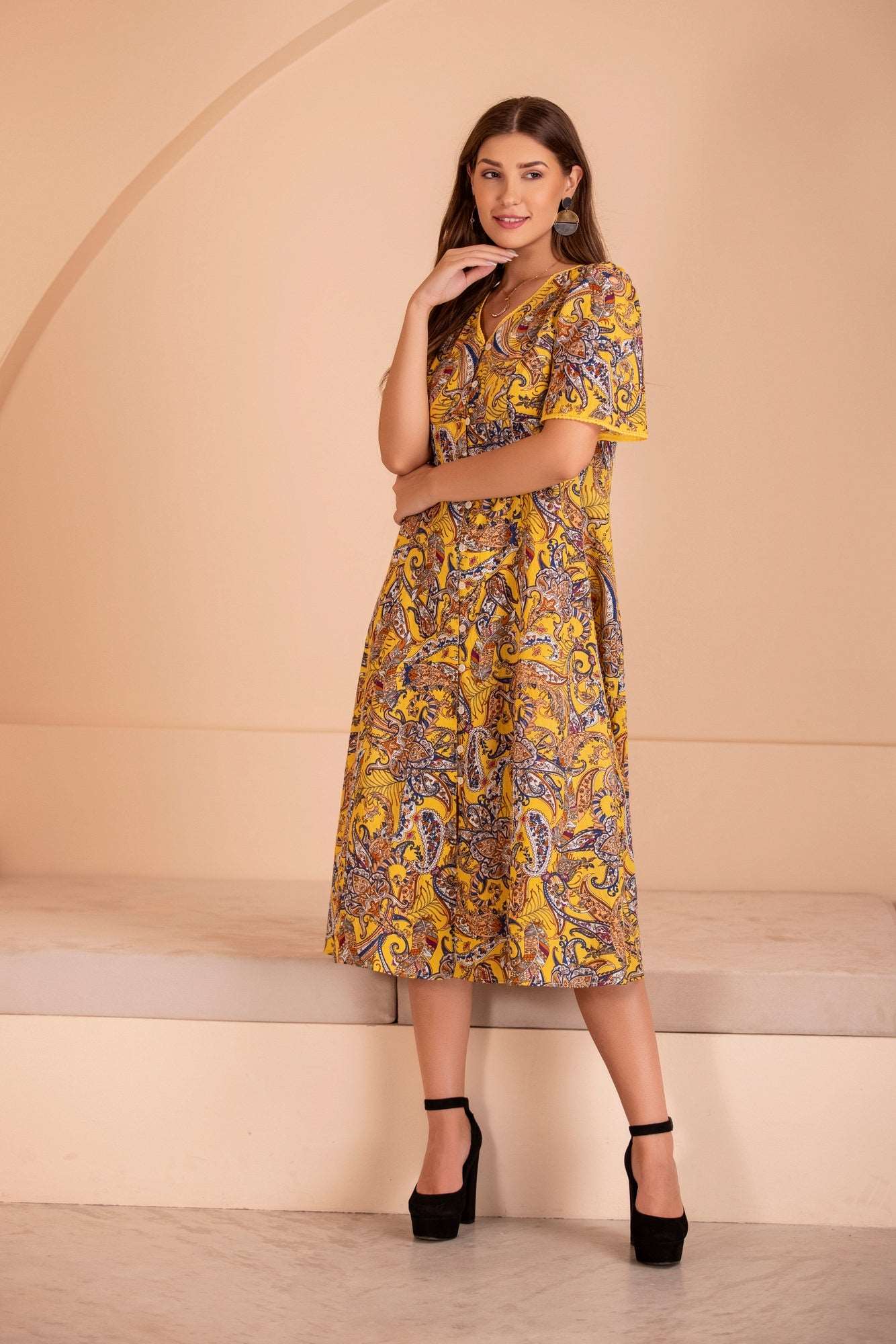 Printed Cotton Yellow Dress