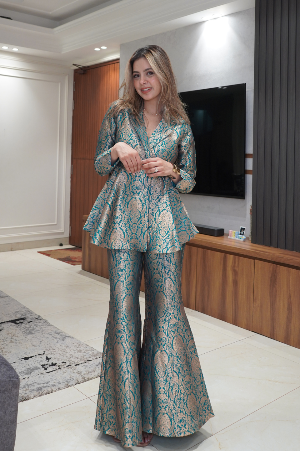 Coral Peplum top with Flared pants