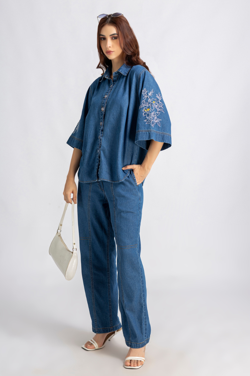 Denim embroidered cord set