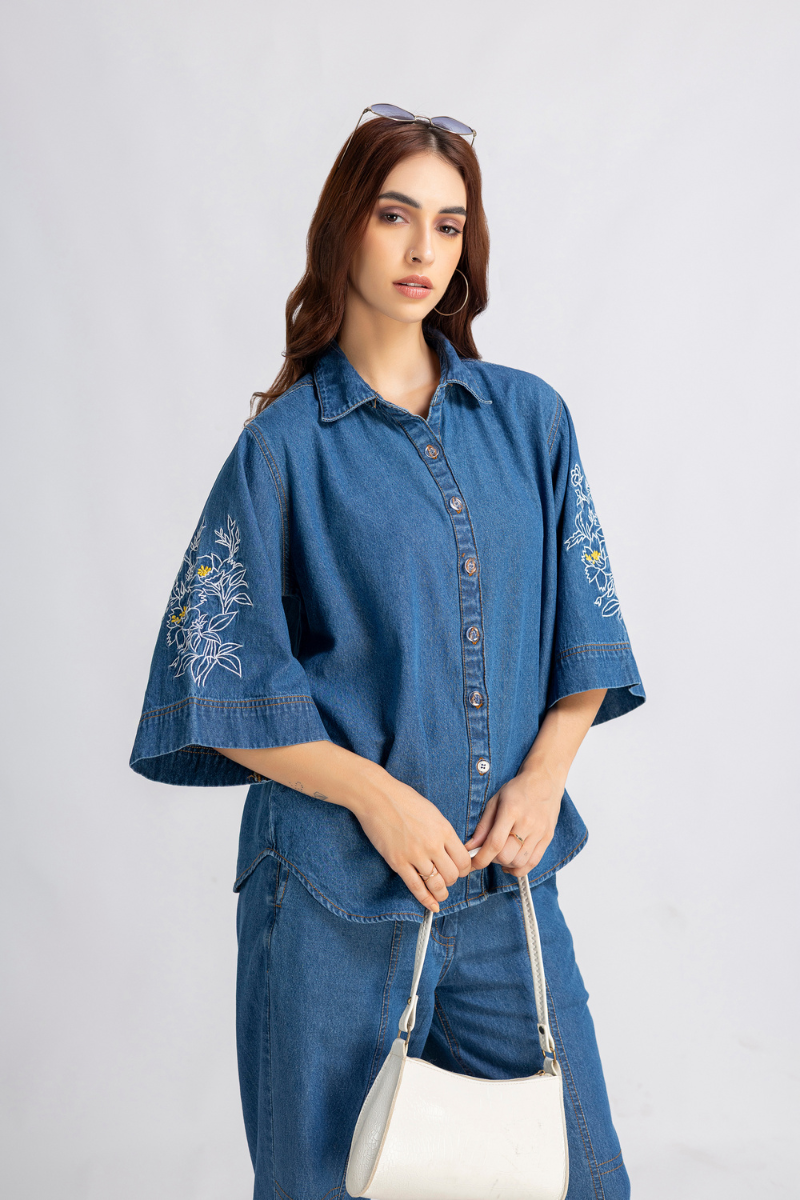 Denim embroidered cord set