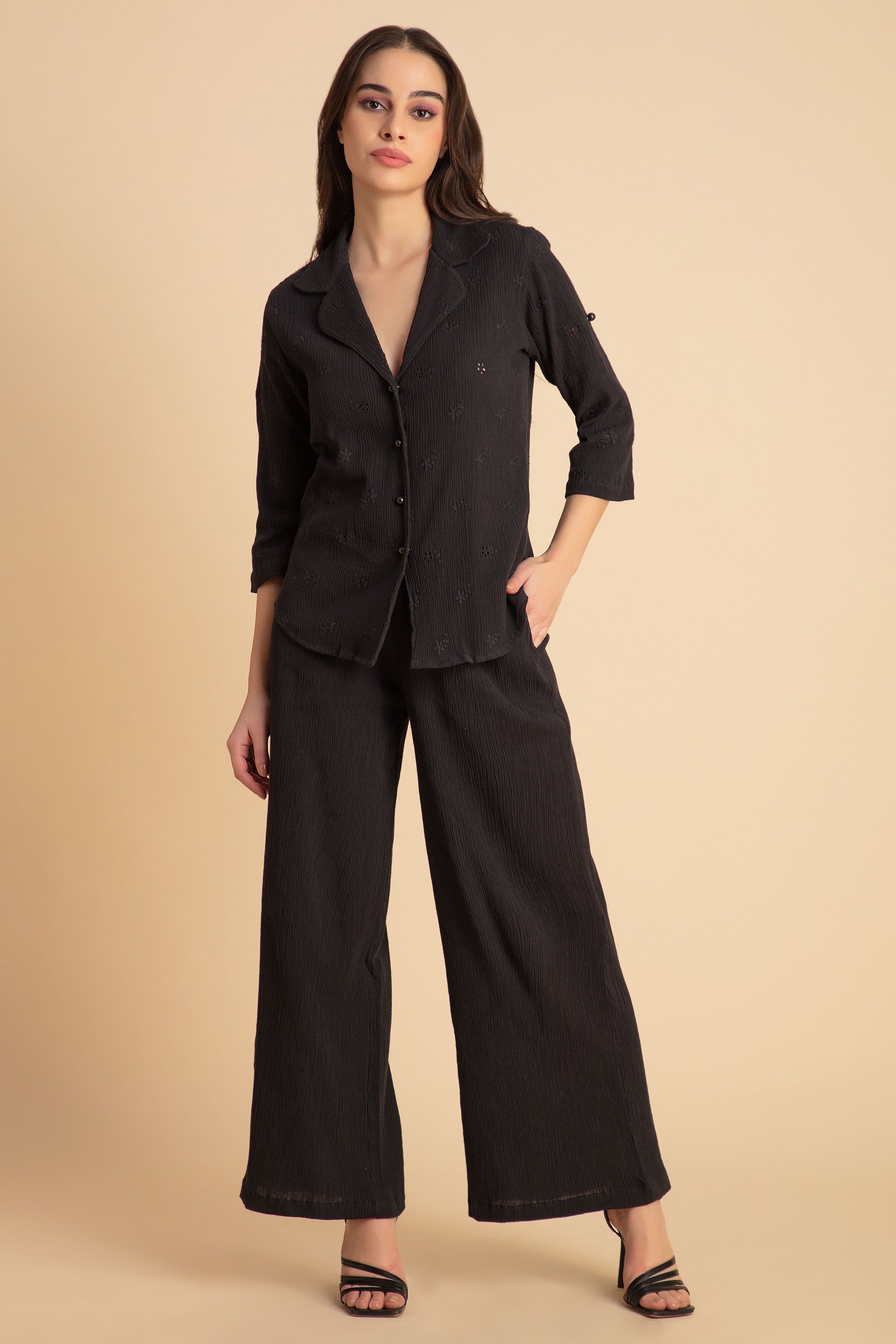 Crinkle Crepe Shirt+Pants (Black)
