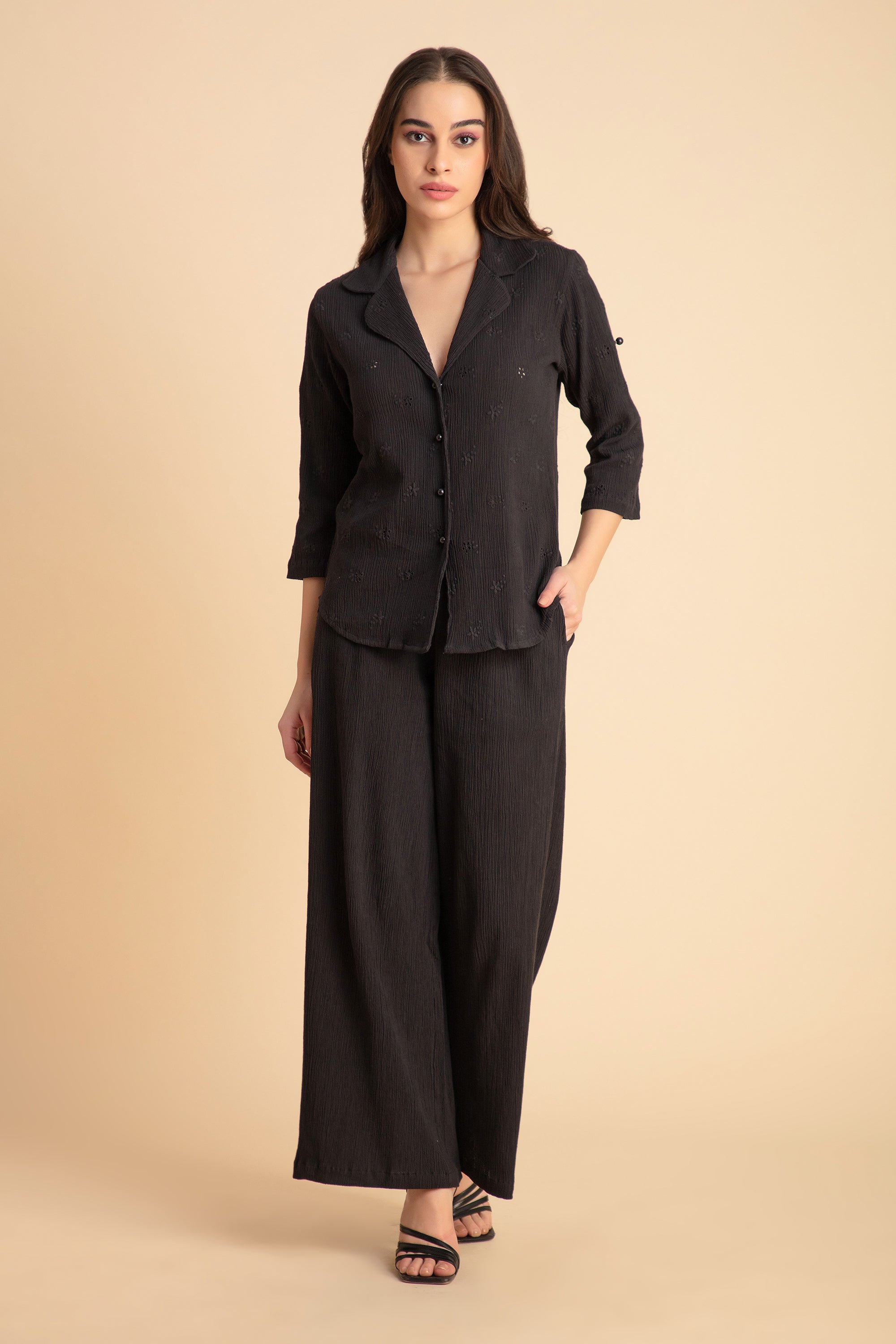 Crinkle Crepe Shirt+Pants (Black)