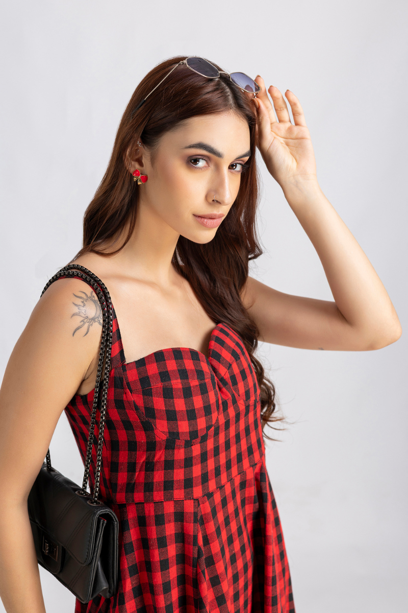 Crimson Check Midi Dress
