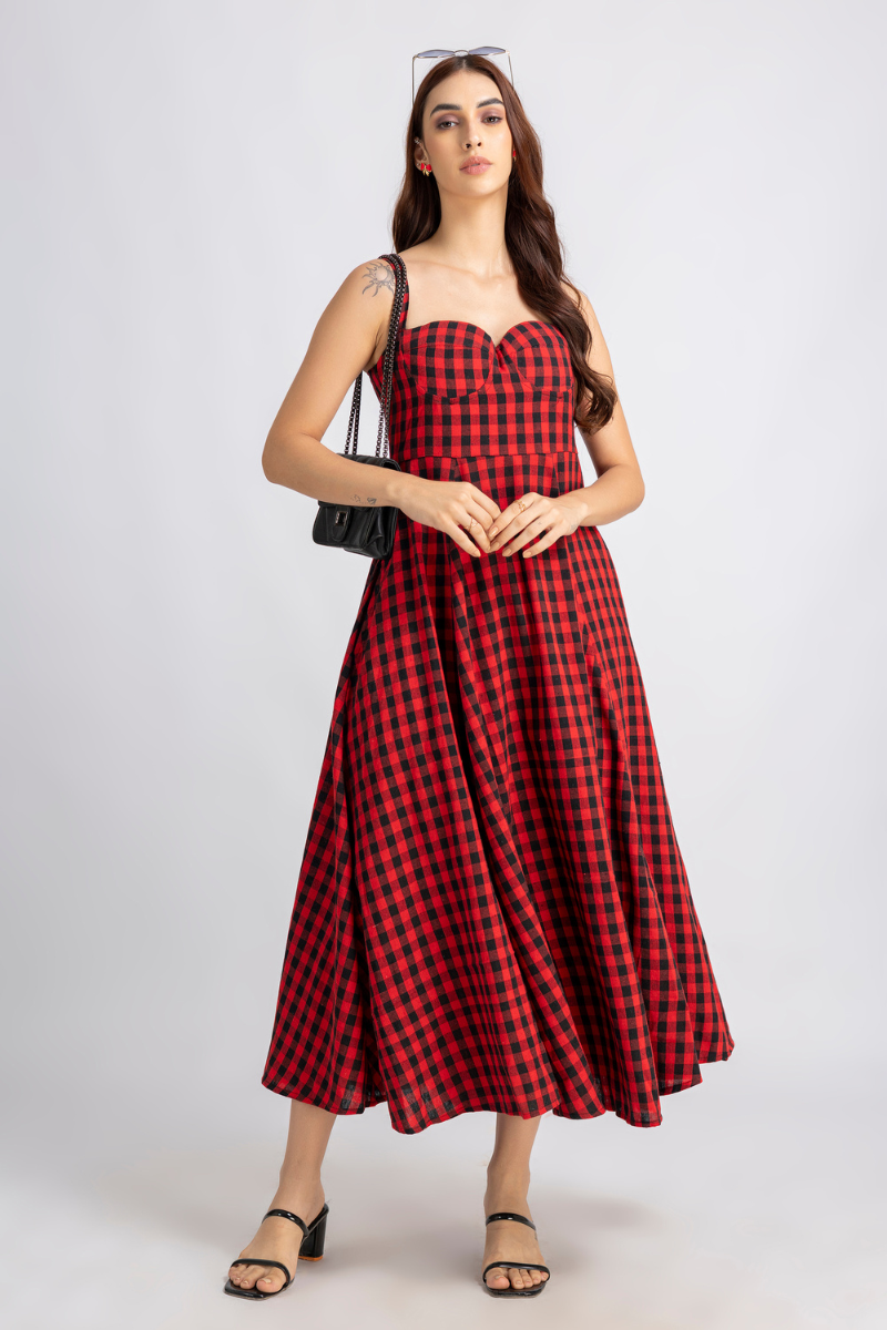 Crimson Check Midi Dress