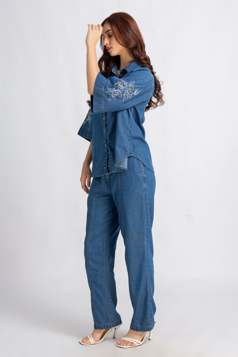 Denim embroidered cord set