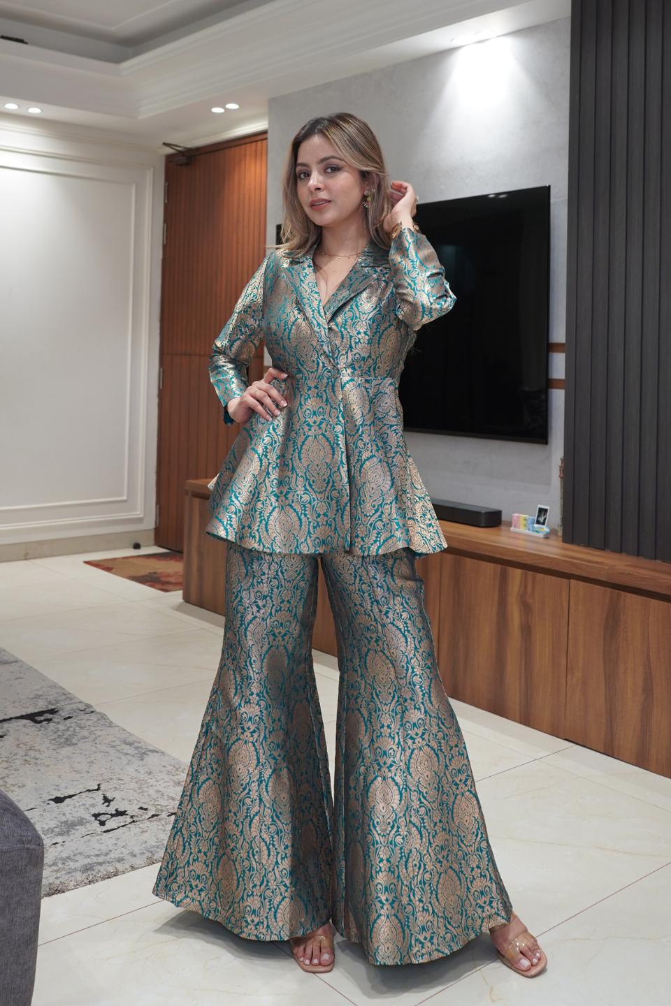 Coral Peplum top with Flared pants