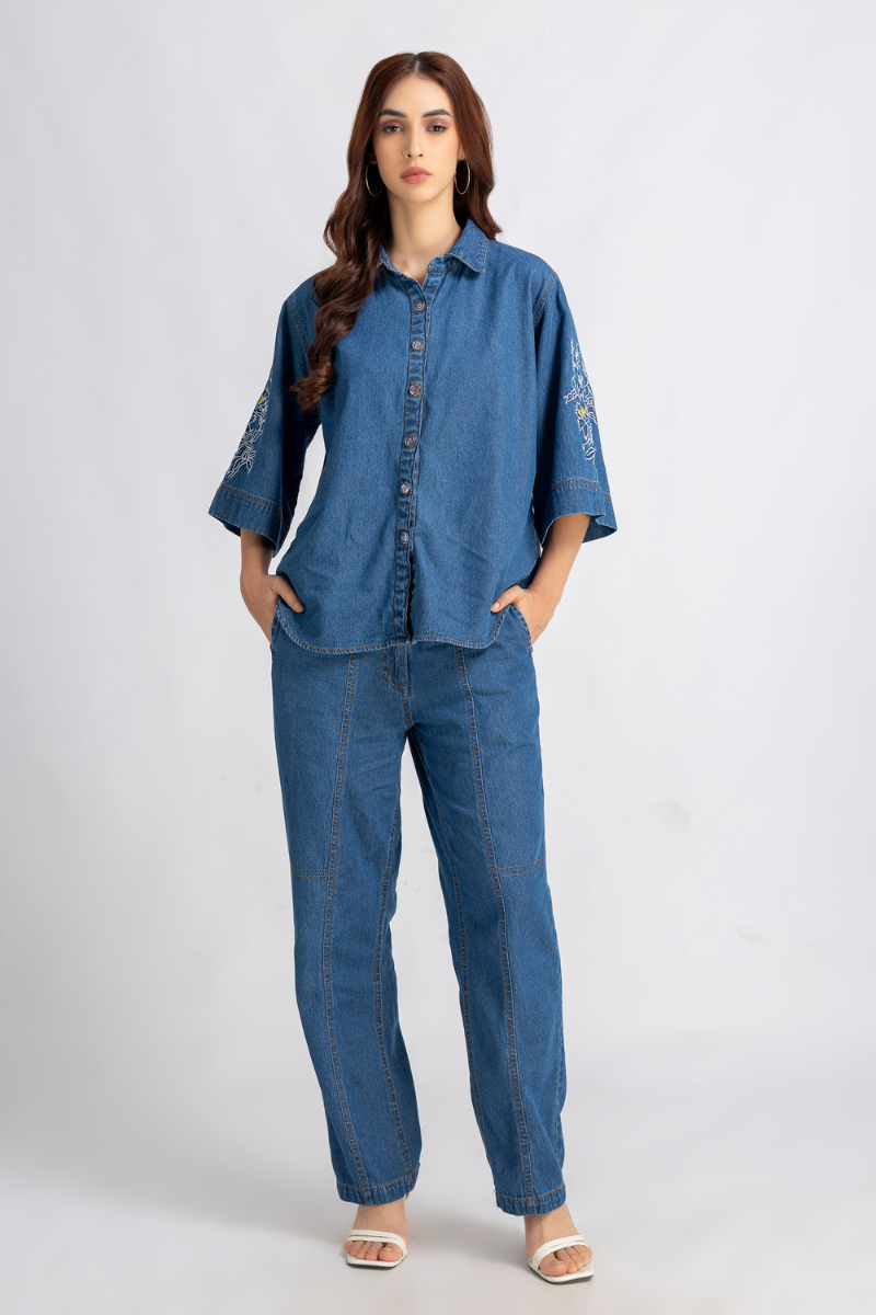Denim embroidered cord set