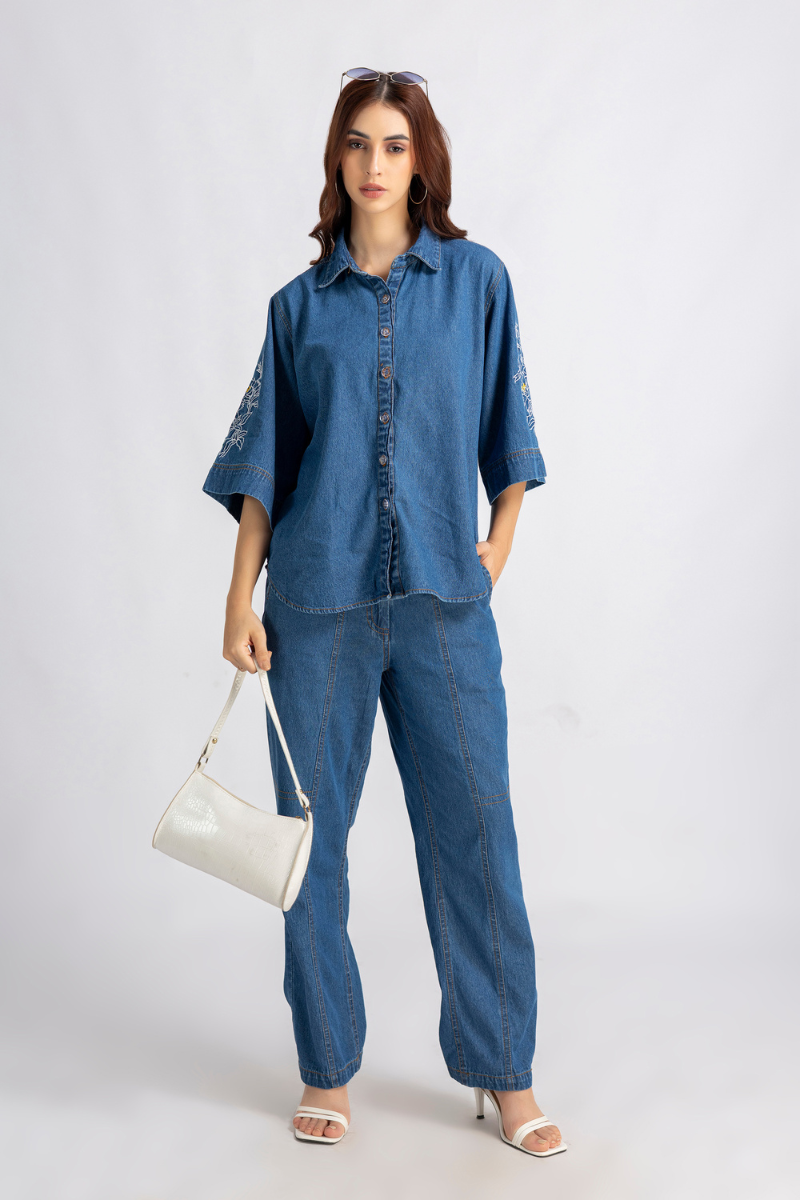 Denim embroidered cord set