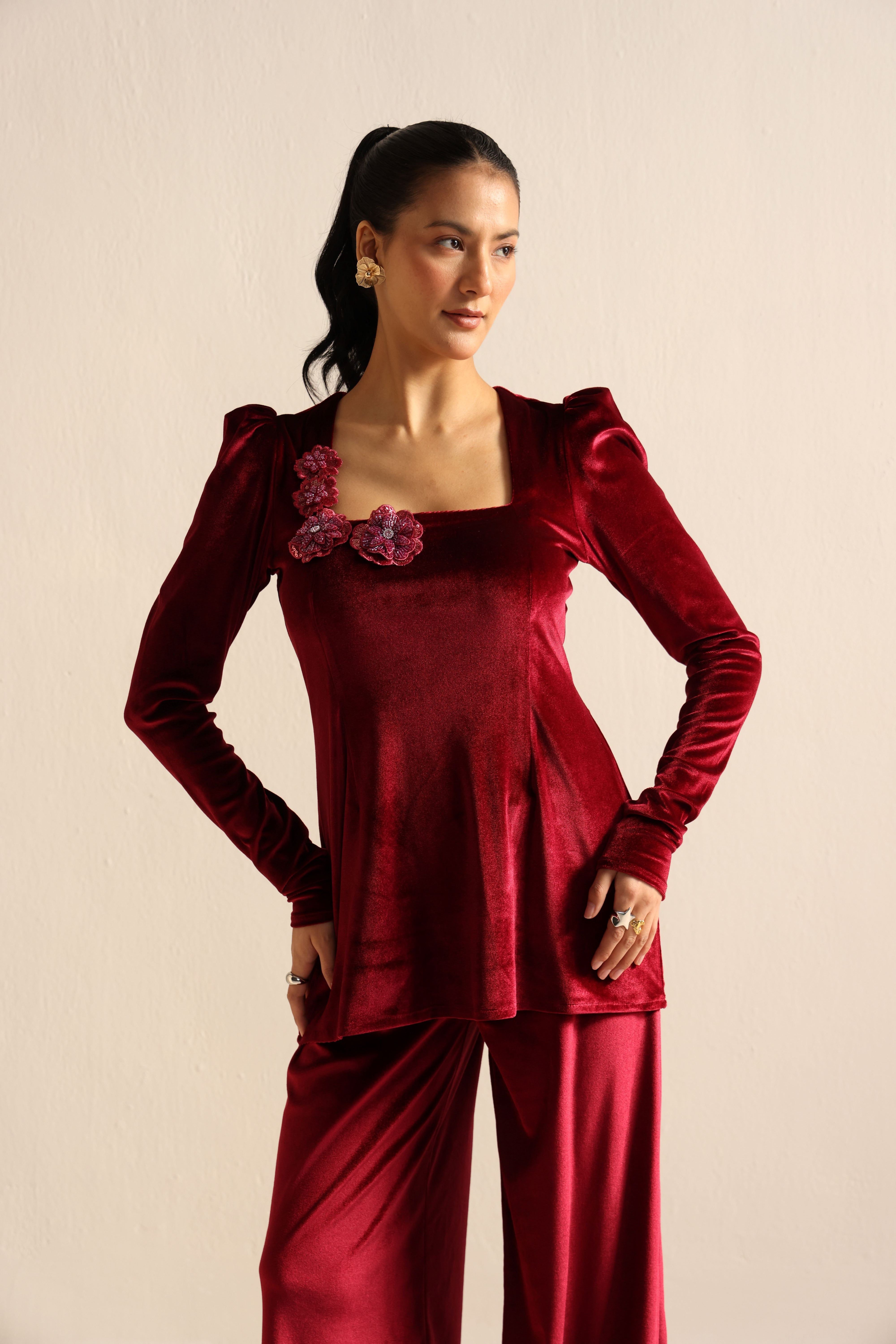 Maroon velvet co-ord set