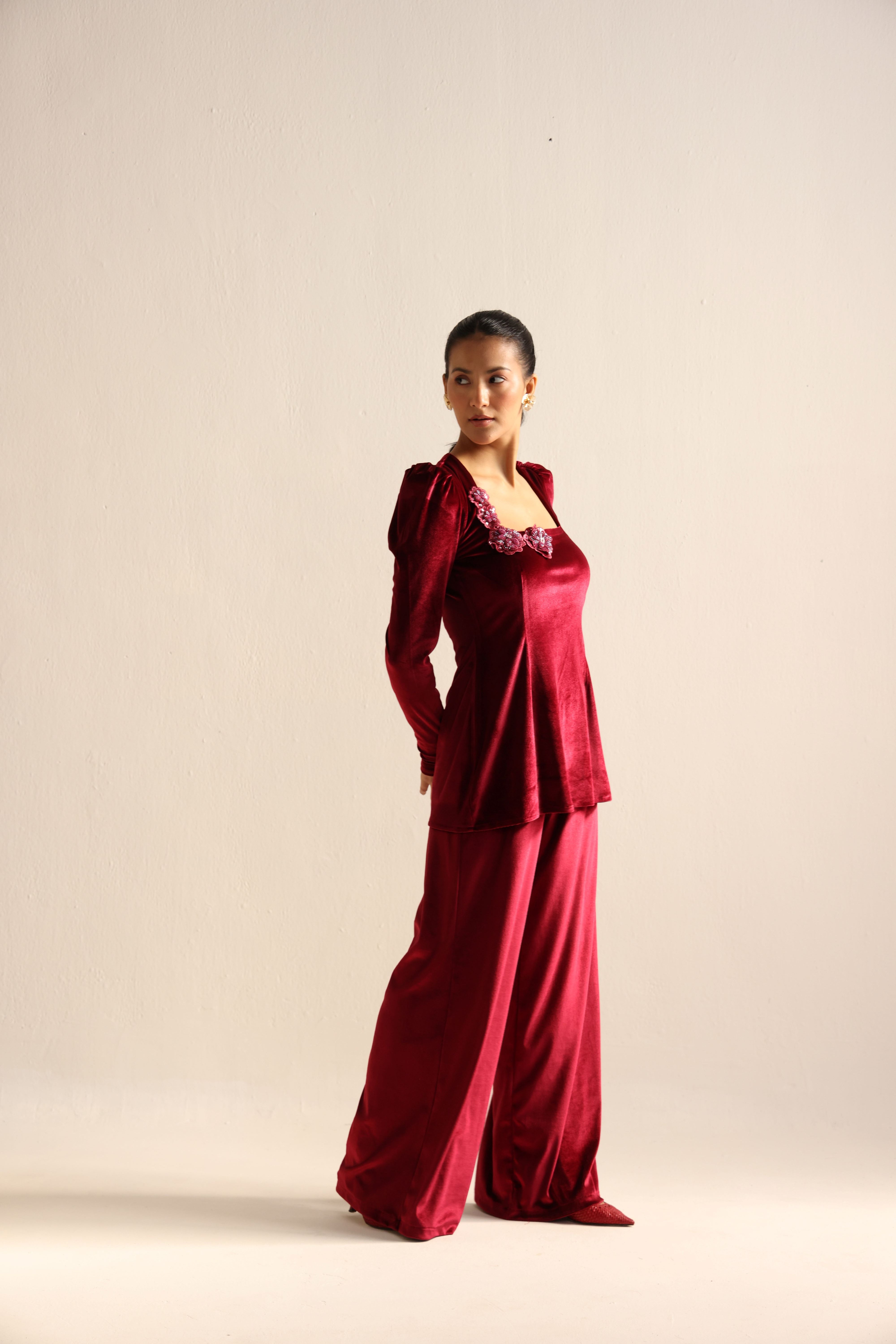 Maroon velvet co-ord set