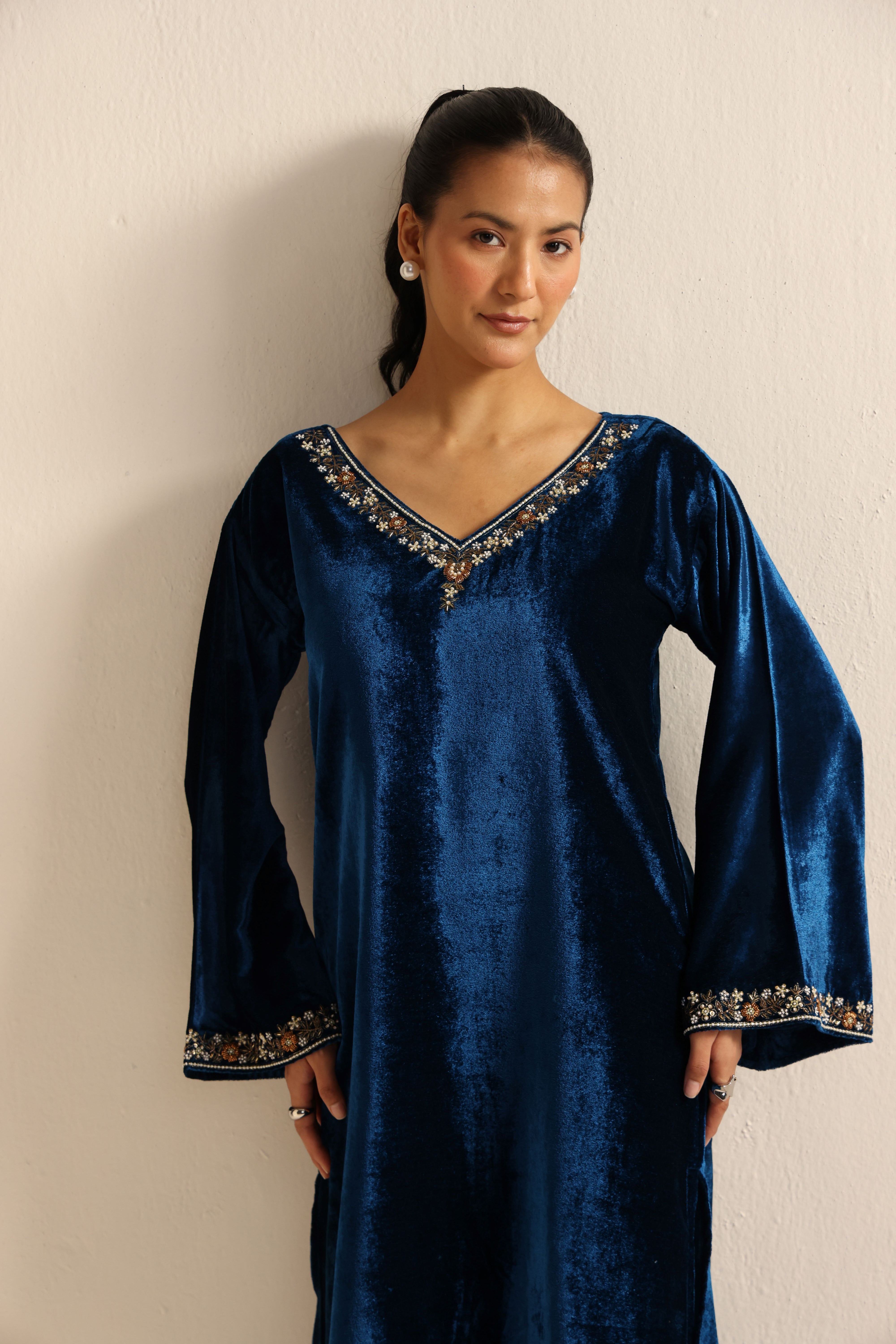 Blue Velvet Caftan Kurta