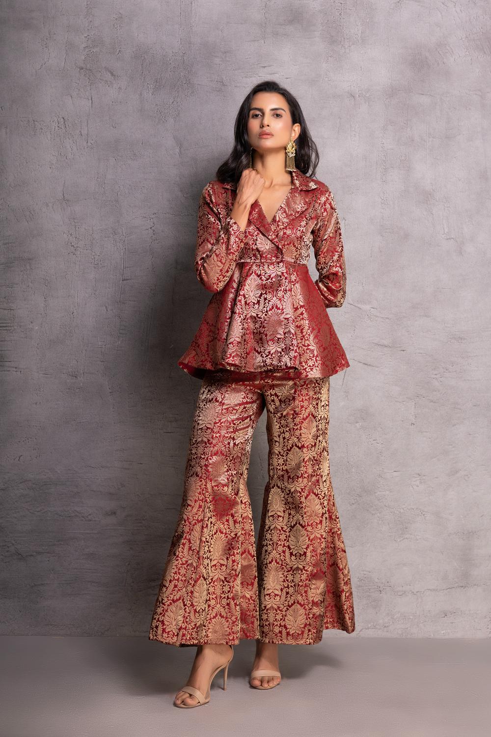 Maroon Peplum Top with Flared Pants