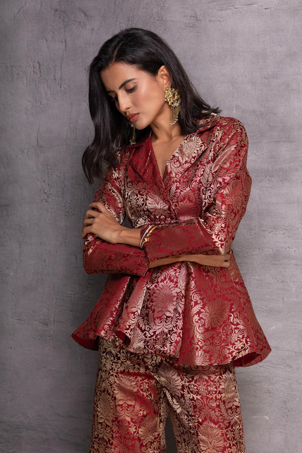 Maroon Peplum Top with Flared Pants