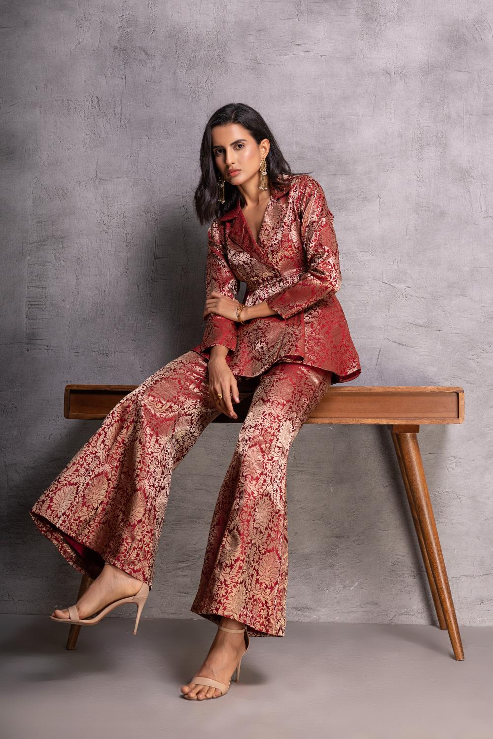 Maroon Peplum Top with Flared Pants