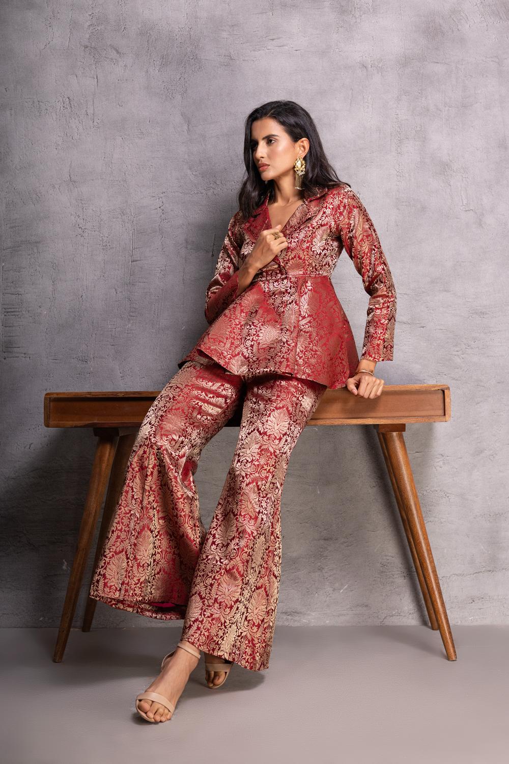 Maroon Peplum Top with Flared Pants