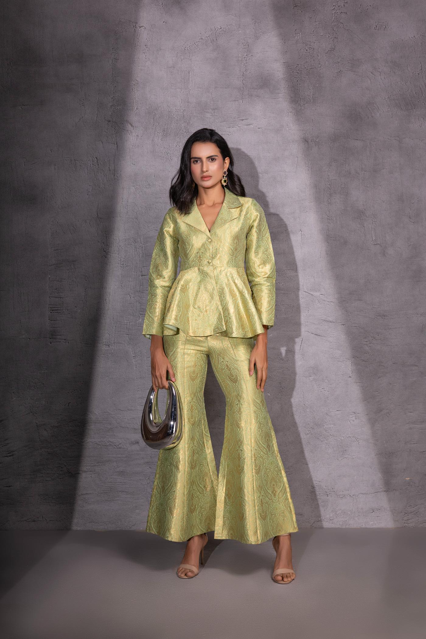 Golden Sage Peplum Top with Flared Pants