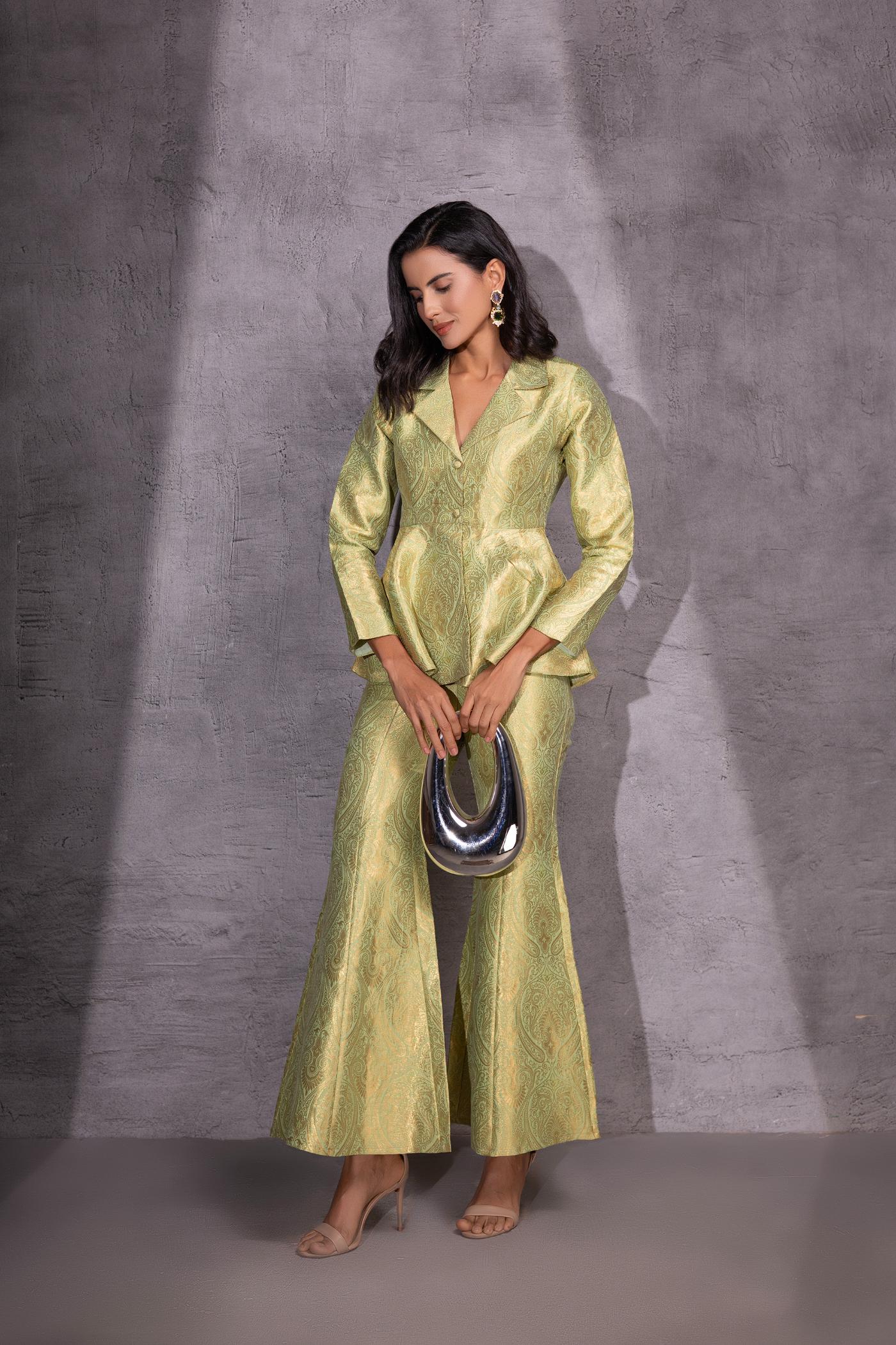 Golden Sage Peplum Top with Flared Pants