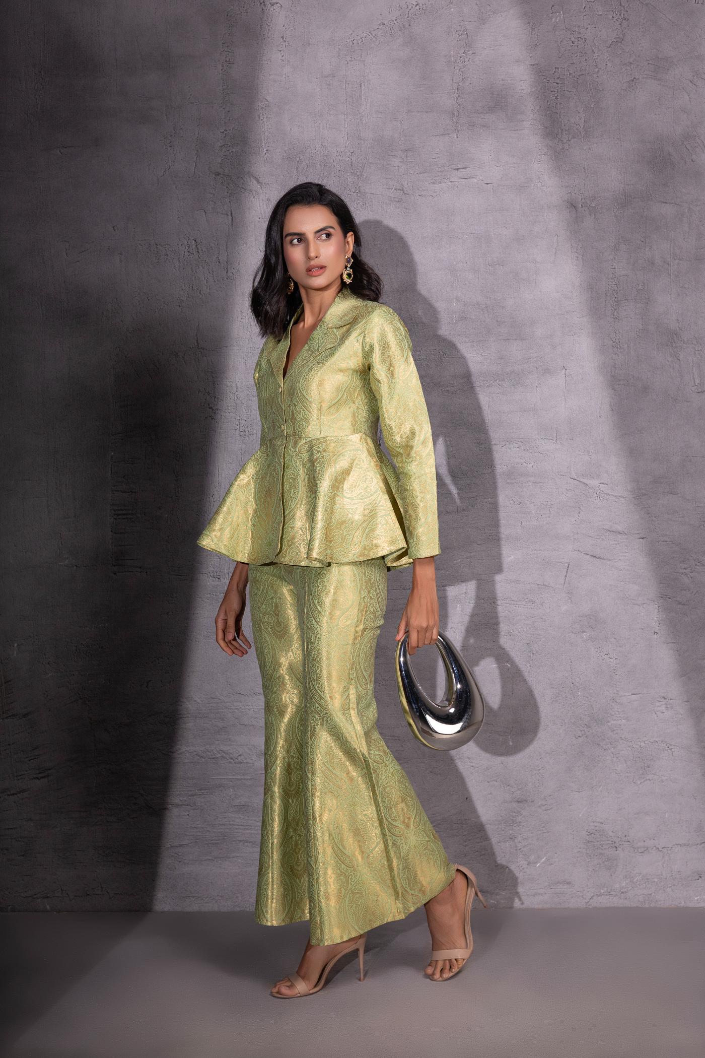 Golden Sage Peplum Top with Flared Pants