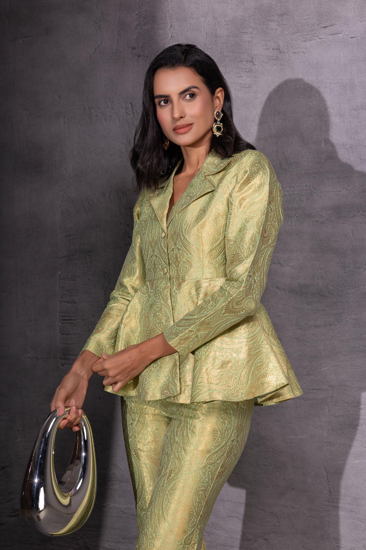 Golden Sage Peplum Top with Flared Pants