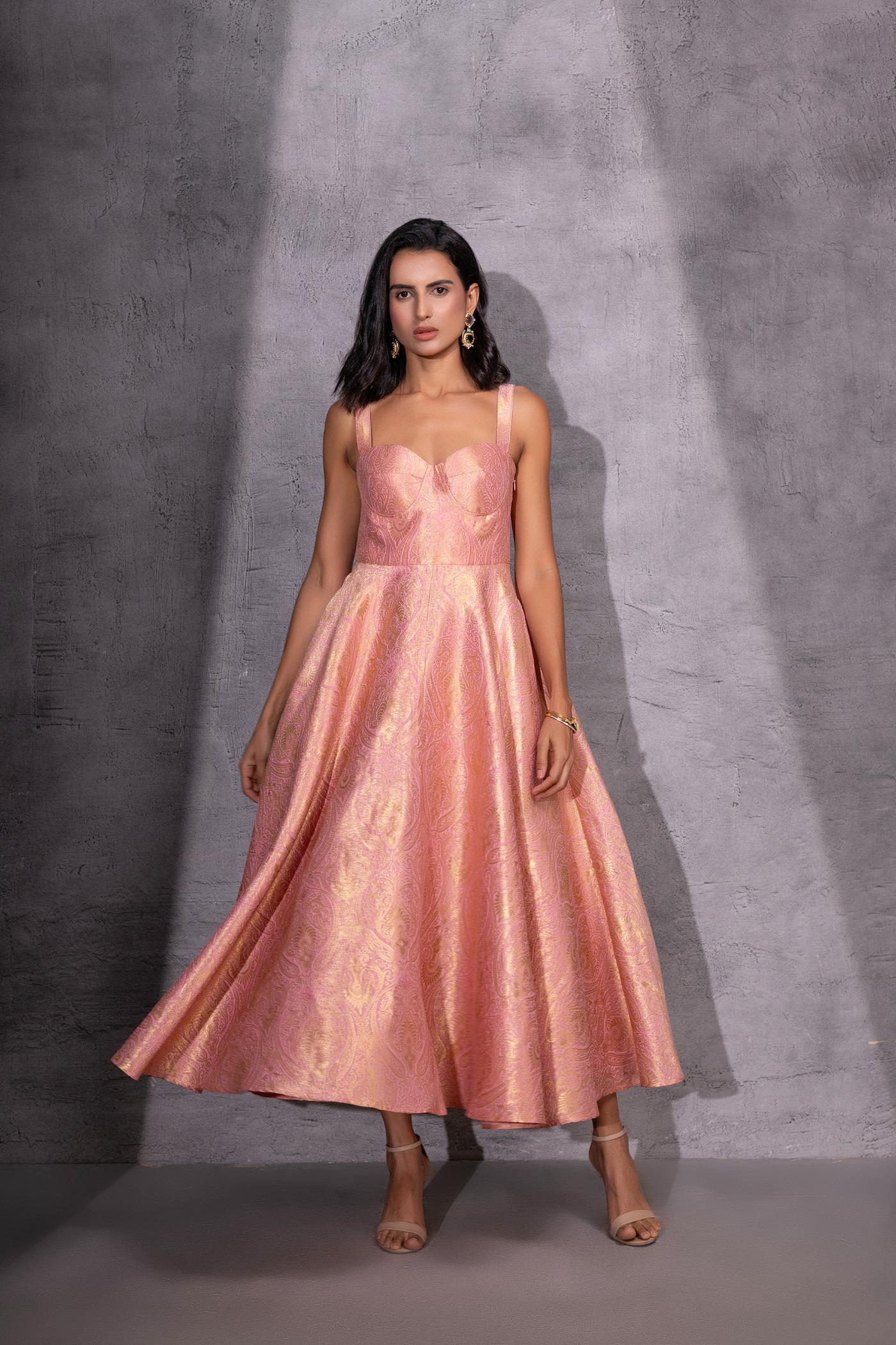 Pink Brocade Flared Dress with Jacket