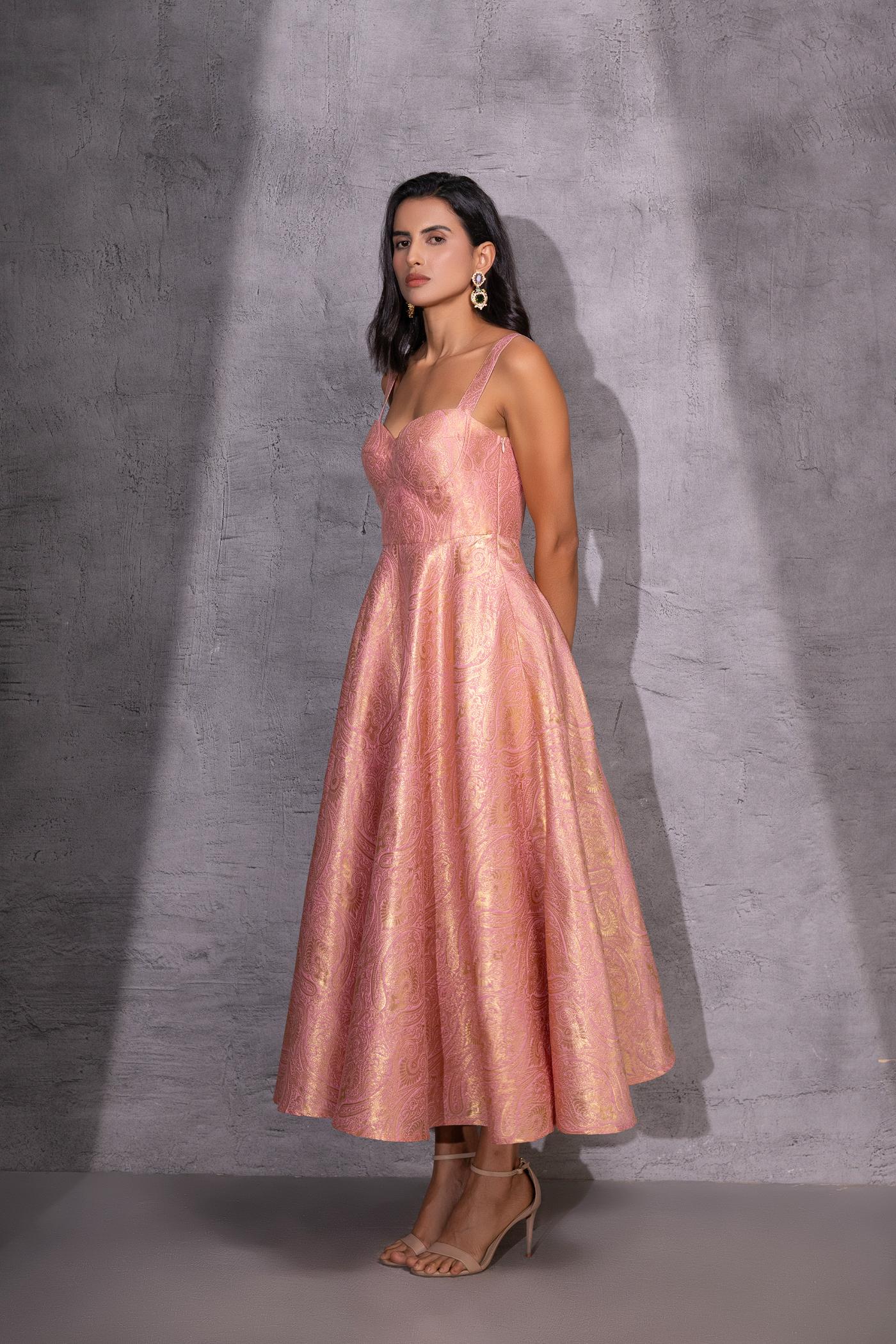 Pink Brocade Flared Dress with Jacket