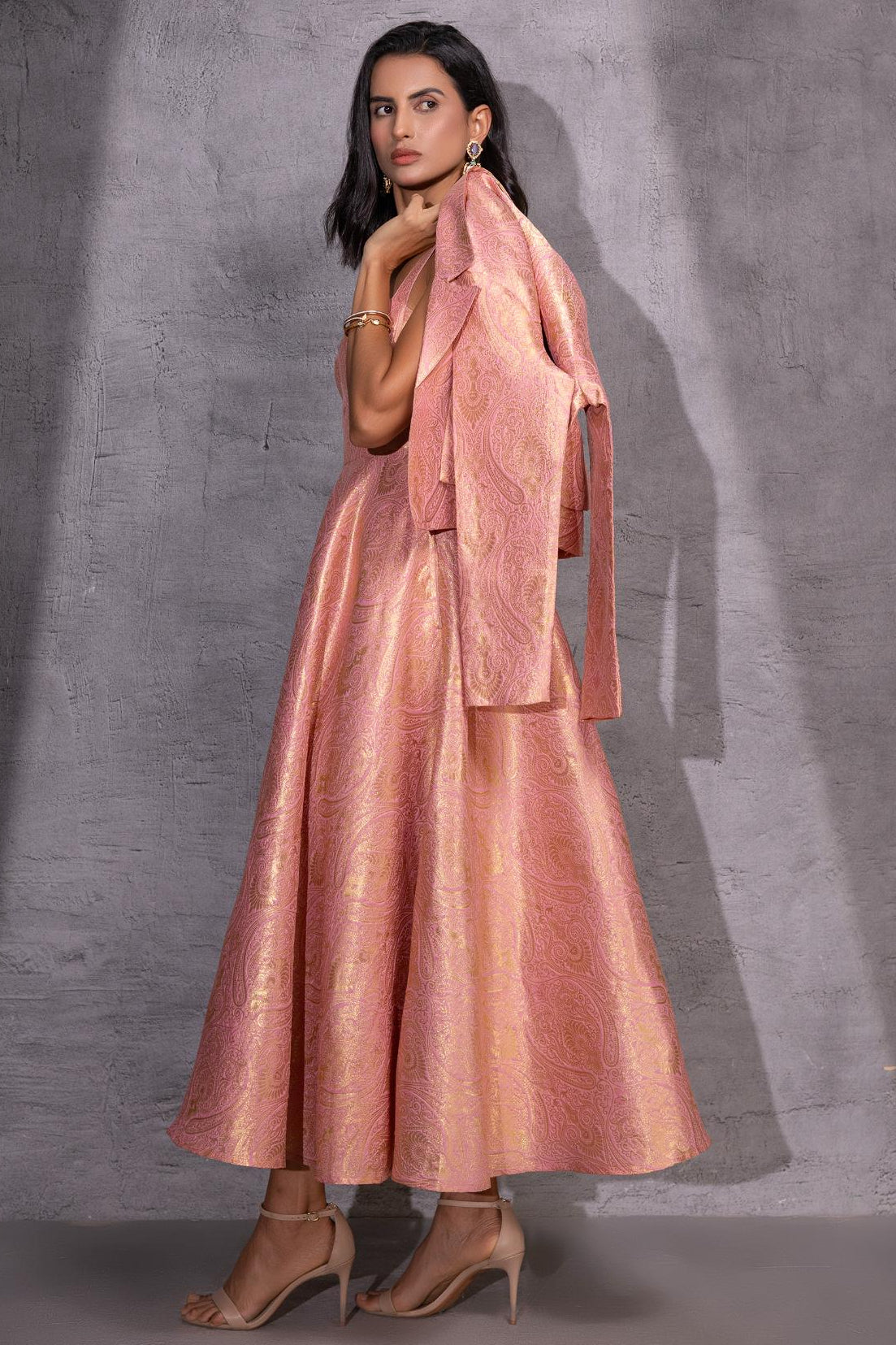 Pink Brocade Flared Dress with Jacket