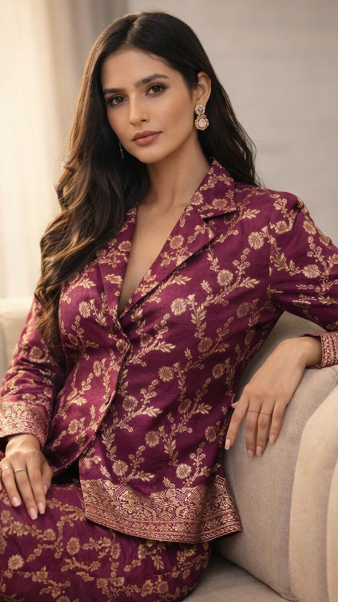 Wine Brocade Coord set