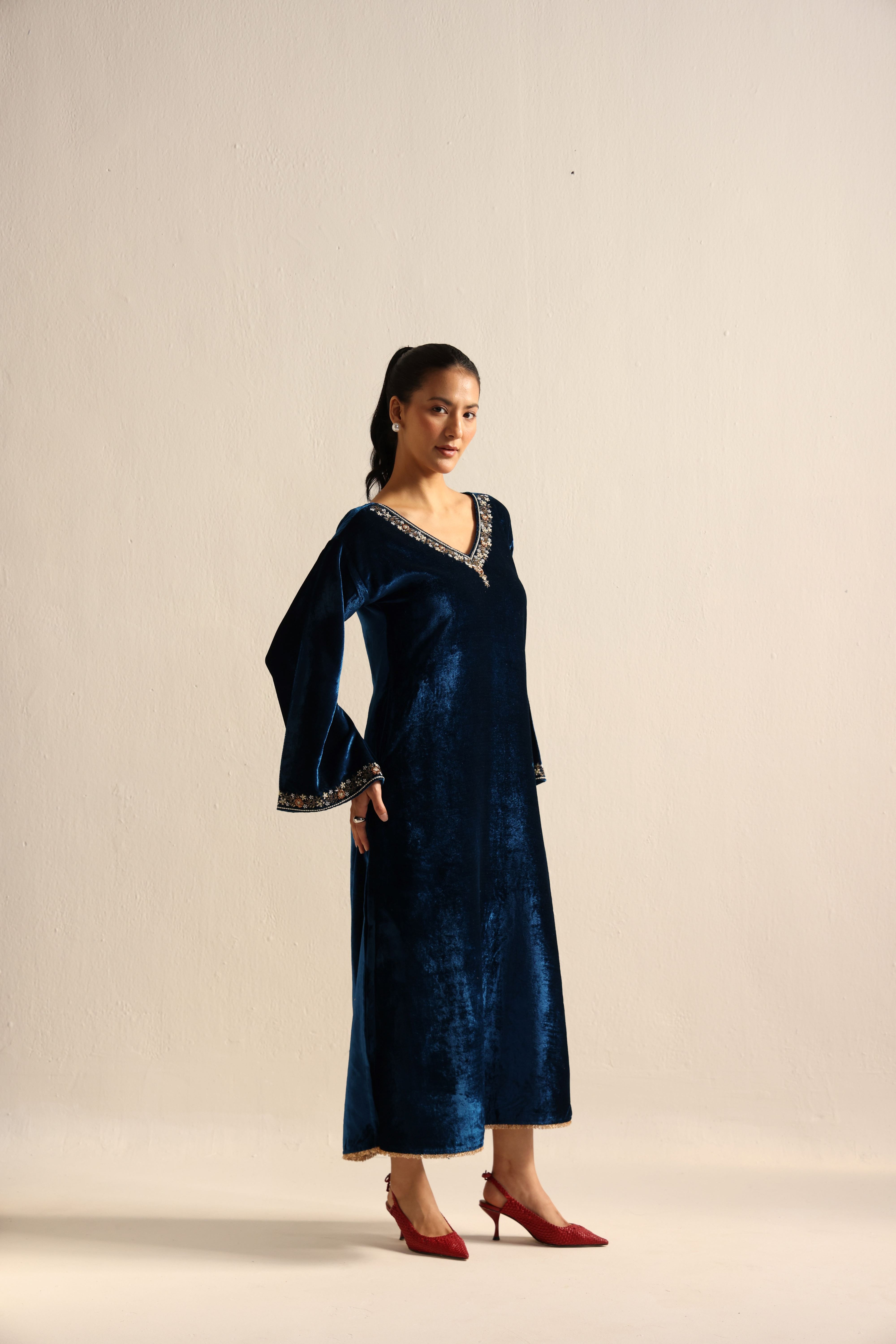 Blue Velvet Caftan Kurta