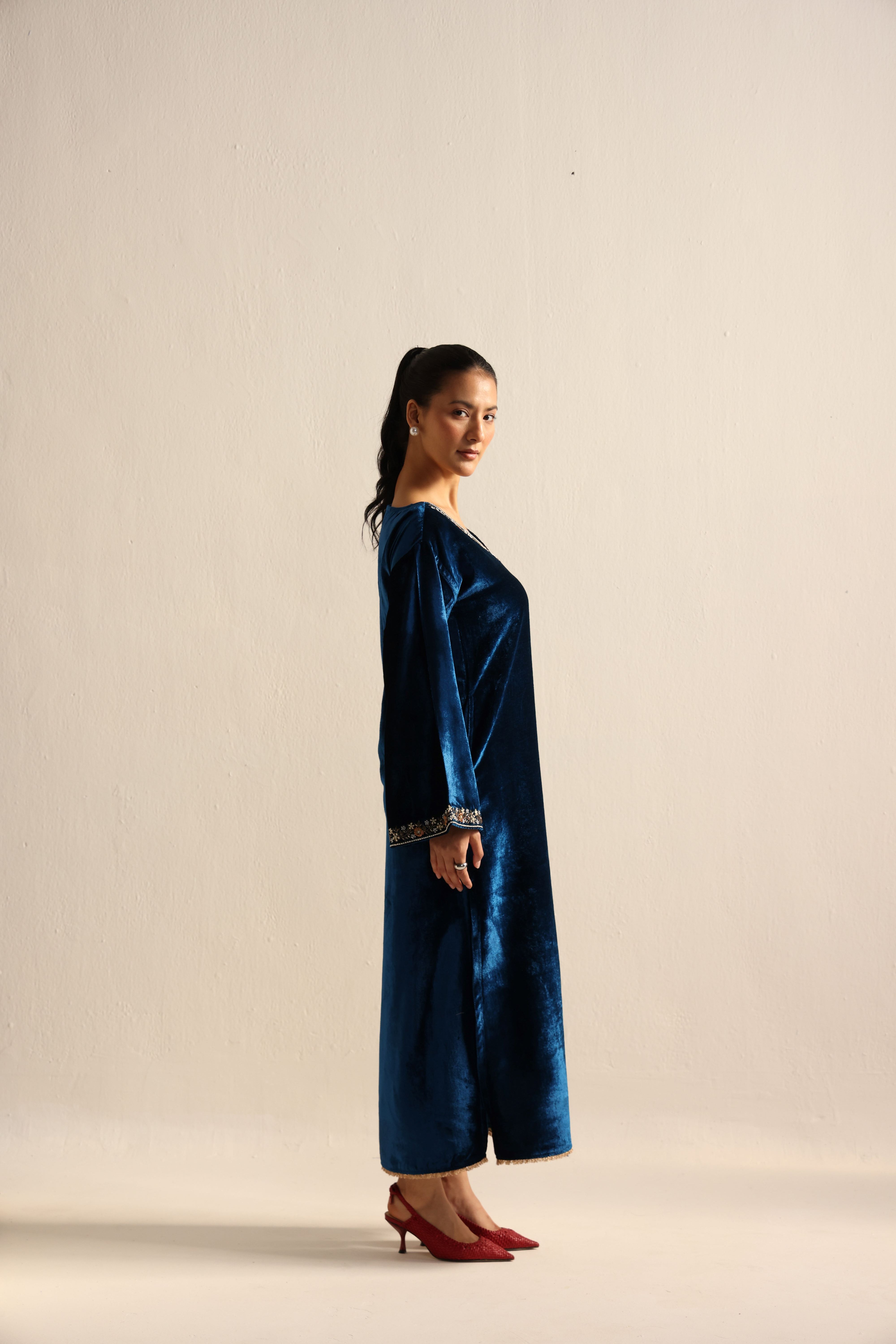 Blue Velvet Caftan Kurta