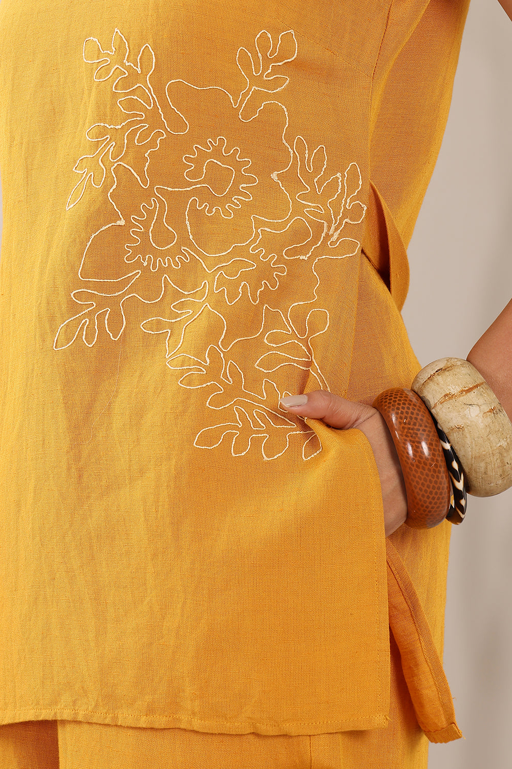 Linen Mustard Embroidered Coord Set
